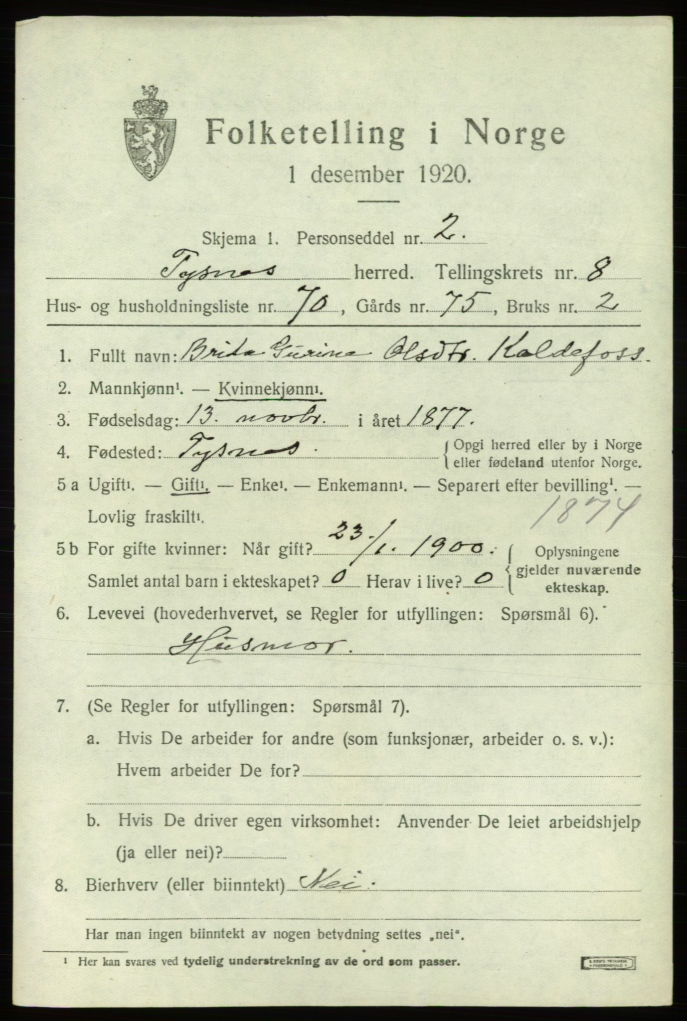 SAB, 1920 census for Tysnes, 1920, p. 6162