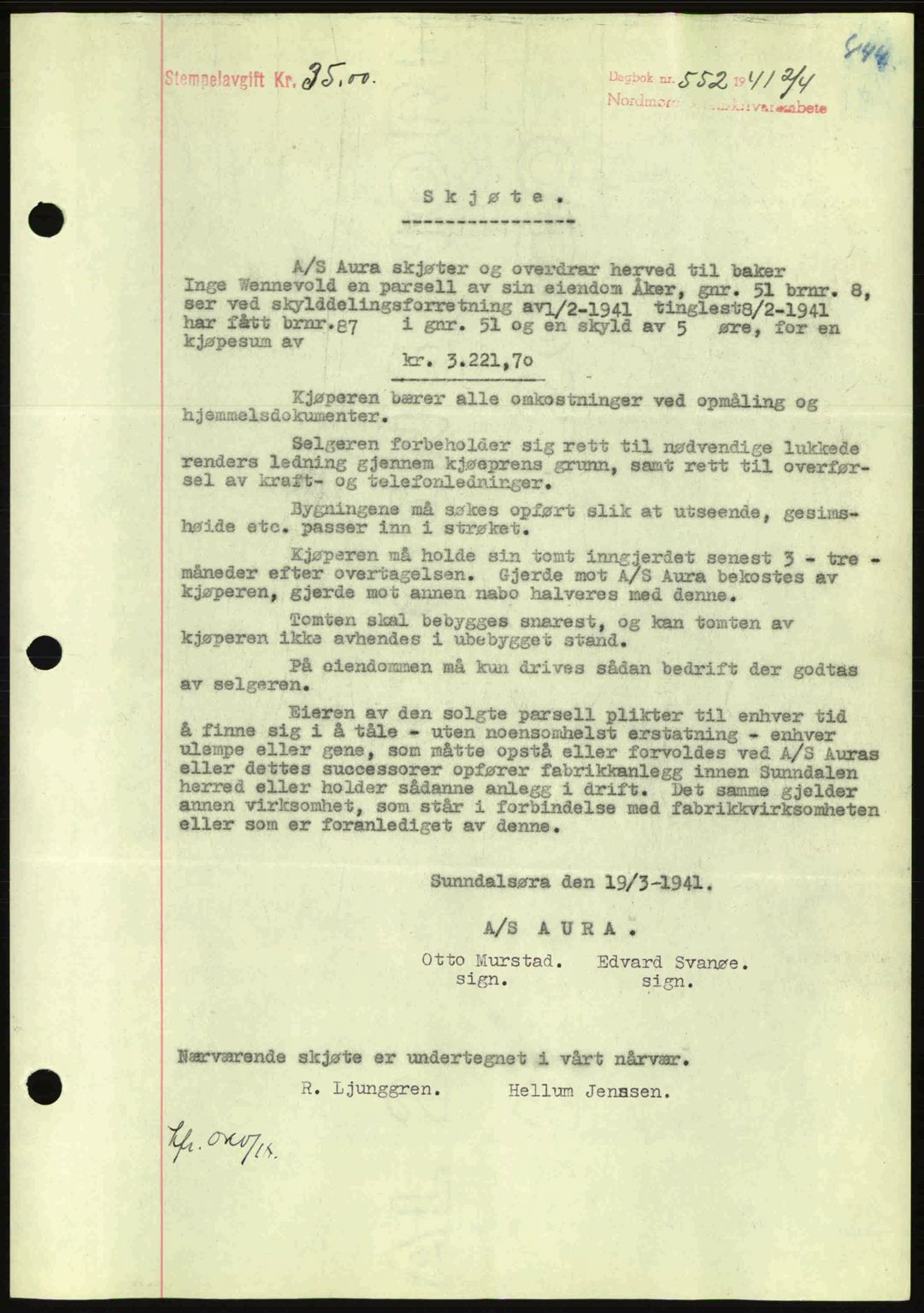Nordmøre sorenskriveri, SAT/A-4132/1/2/2Ca: Mortgage book no. A89, 1940-1941, Diary no: : 552/1941