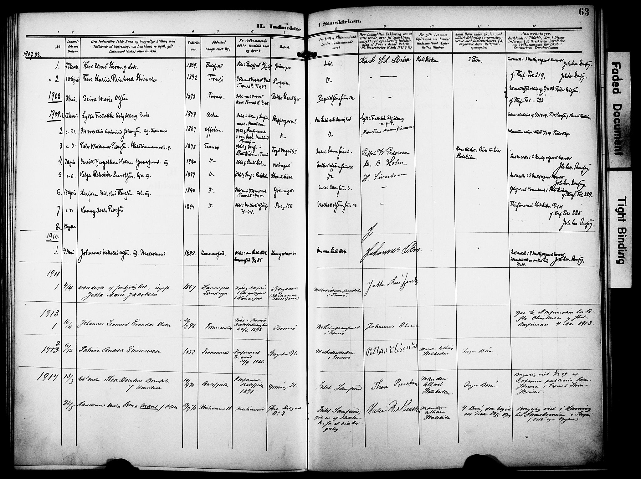 Tromsø sokneprestkontor/stiftsprosti/domprosti, AV/SATØ-S-1343/G/Ge/L0068: Dissenter register no. 68, 1907-1917, p. 63