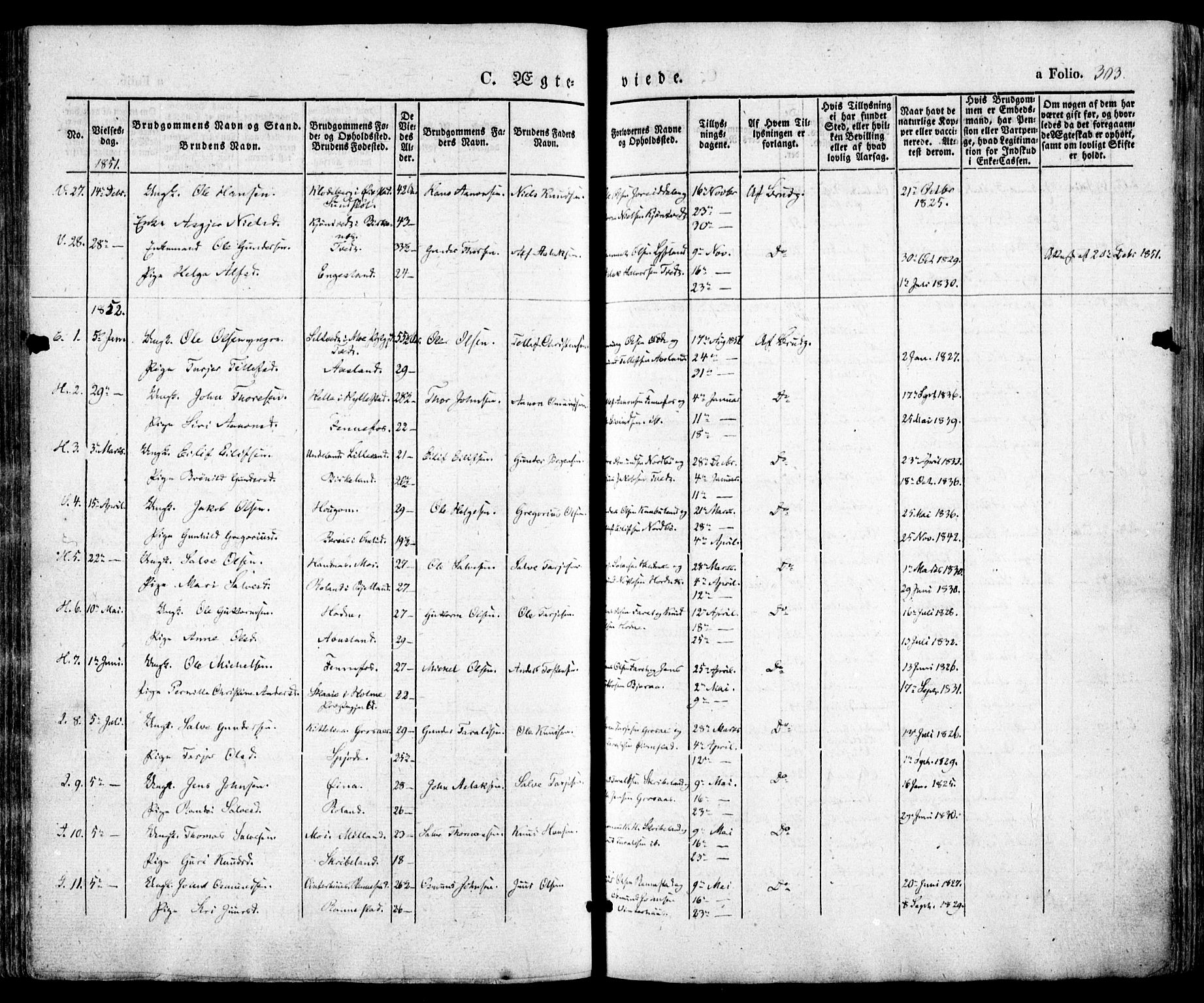 Evje sokneprestkontor, SAK/1111-0008/F/Fa/Faa/L0005: Parish register (official) no. A 5, 1843-1865, p. 303