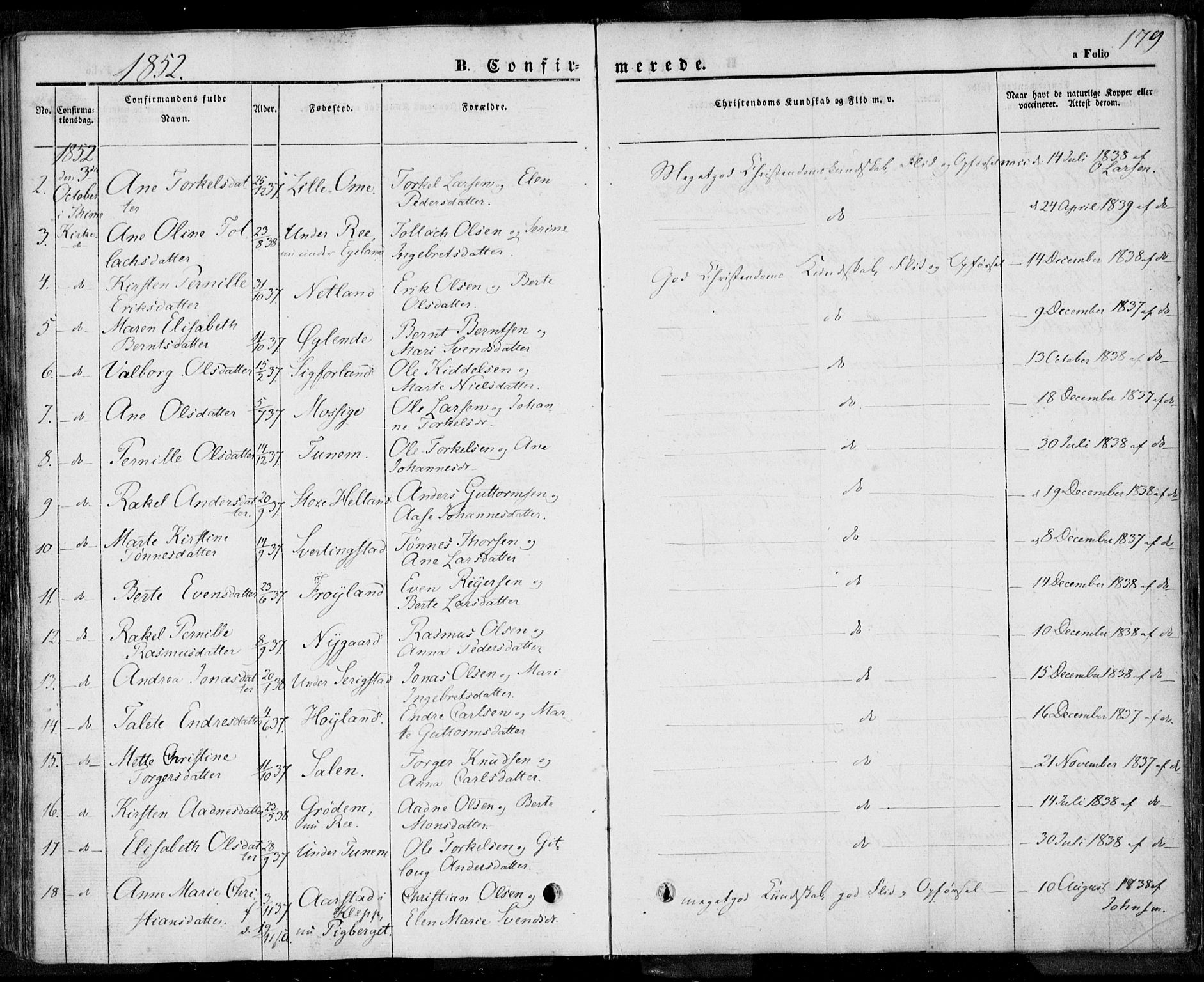 Lye sokneprestkontor, AV/SAST-A-101794/001/30BA/L0005: Parish register (official) no. A 5.1, 1842-1855, p. 179