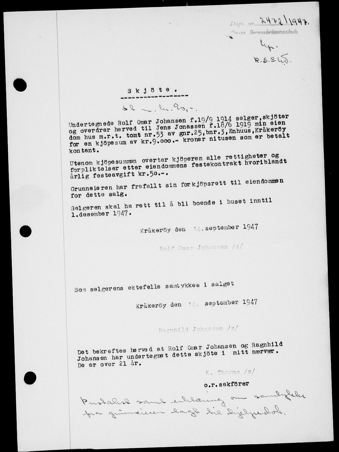 Onsøy sorenskriveri, SAO/A-10474/G/Ga/Gab/L0021: Mortgage book no. II A-21, 1947-1947, Diary no: : 2472/1947