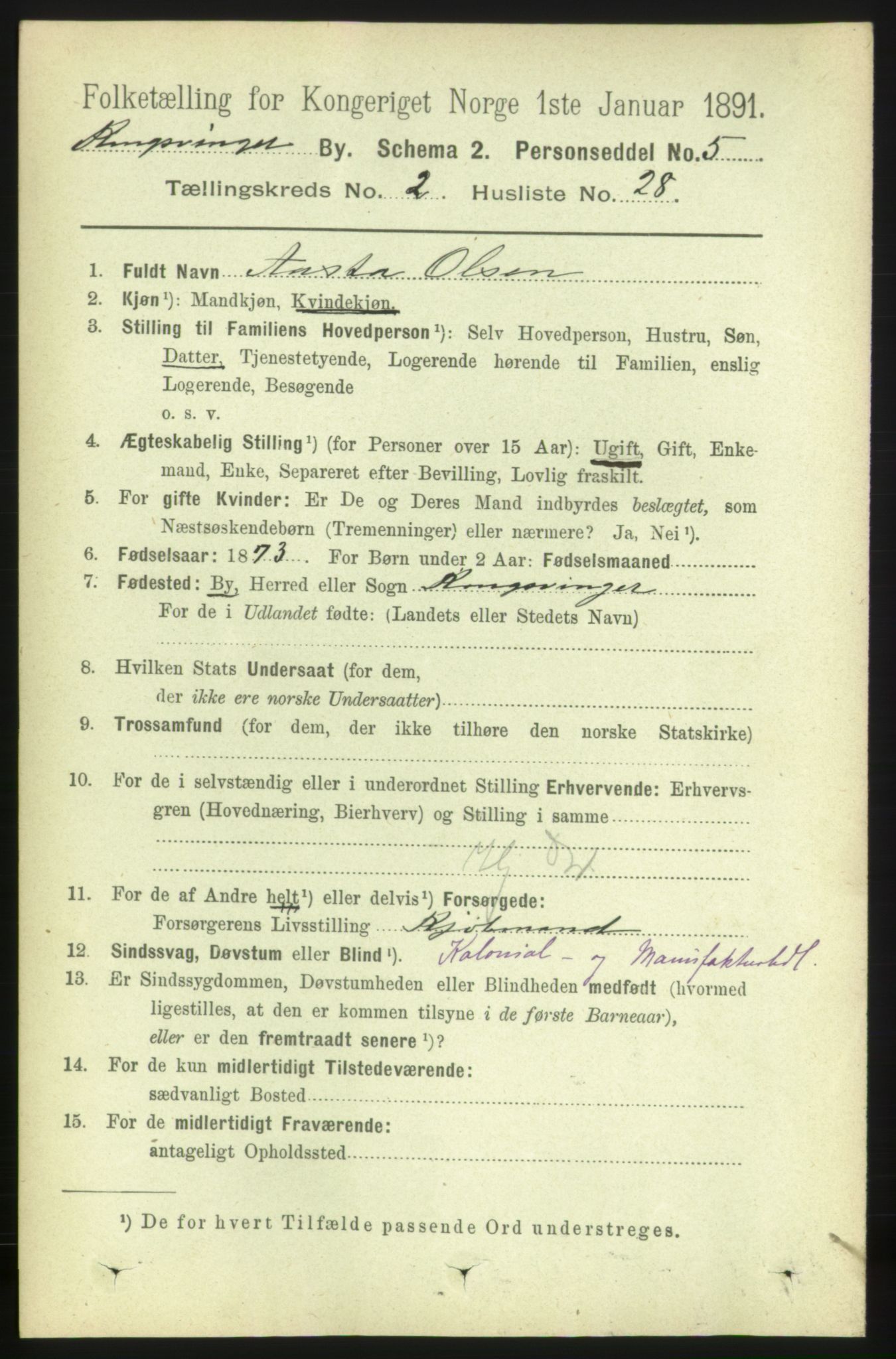 RA, 1891 census for 0402 Kongsvinger, 1891, p. 1043