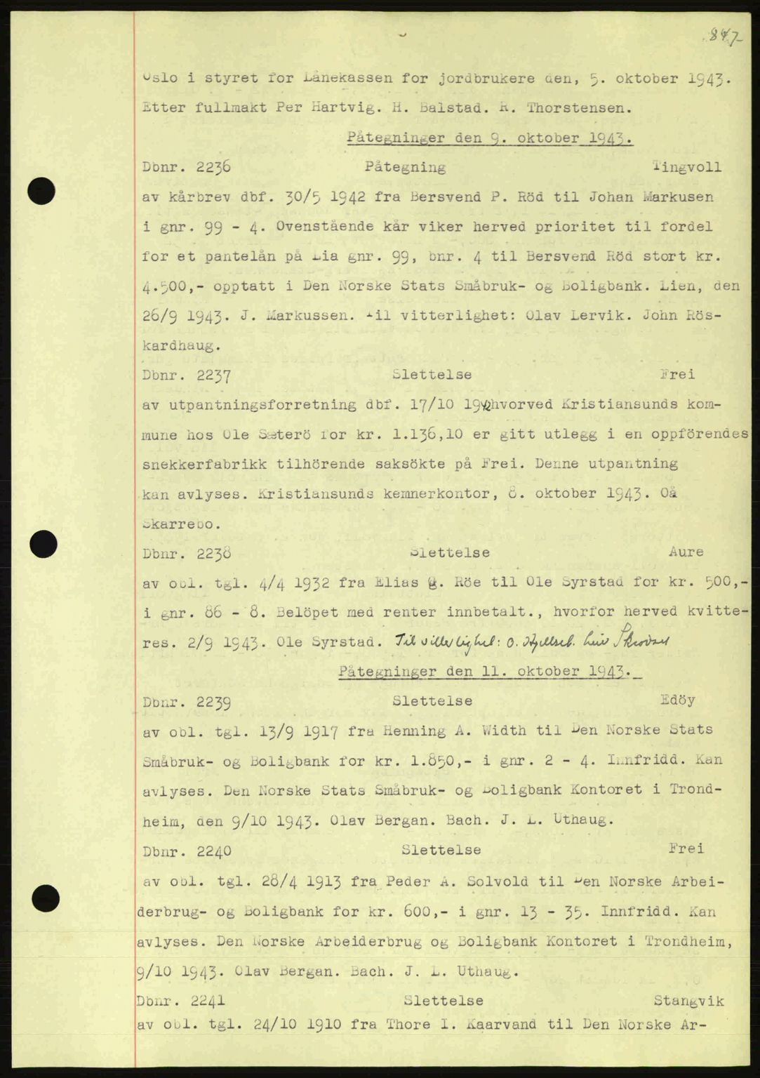 Nordmøre sorenskriveri, AV/SAT-A-4132/1/2/2Ca: Mortgage book no. C81, 1940-1945, Diary no: : 2236/1943