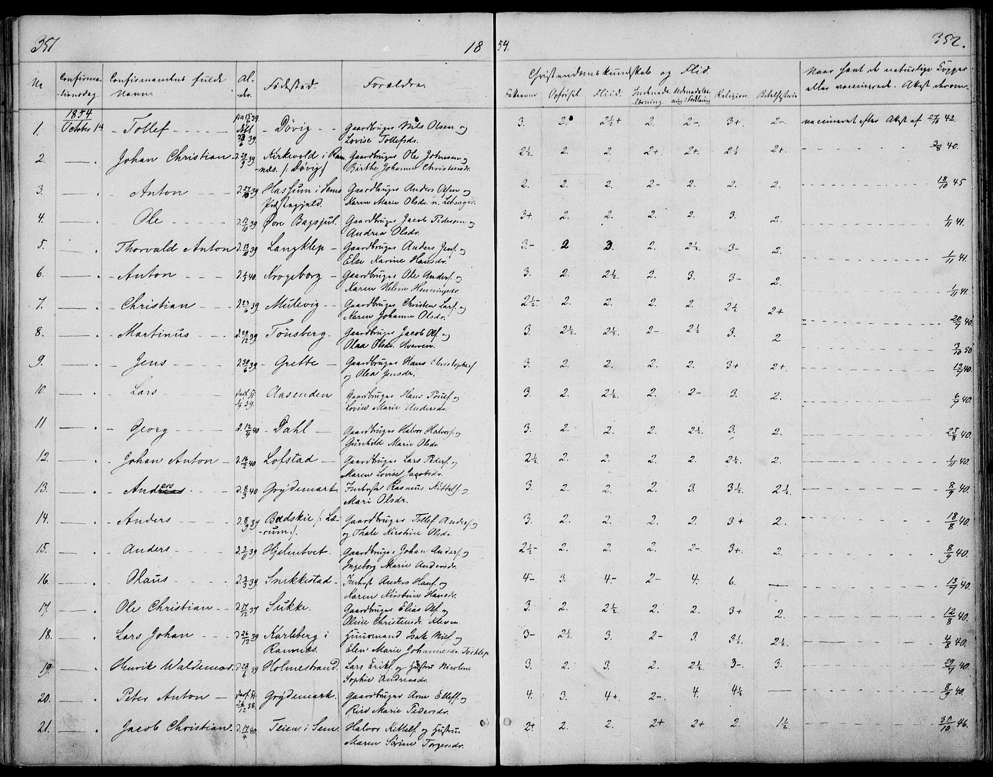 Våle kirkebøker, AV/SAKO-A-334/F/Fa/L0009a: Parish register (official) no. I 9A, 1839-1860, p. 351-352