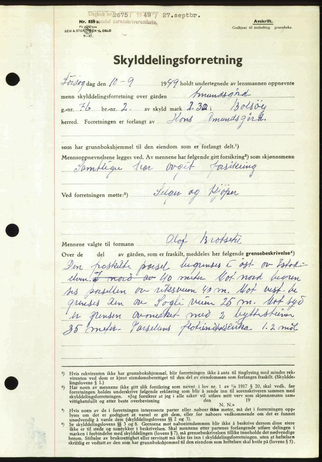 Romsdal sorenskriveri, AV/SAT-A-4149/1/2/2C: Mortgage book no. A31, 1949-1949, Diary no: : 2675/1949