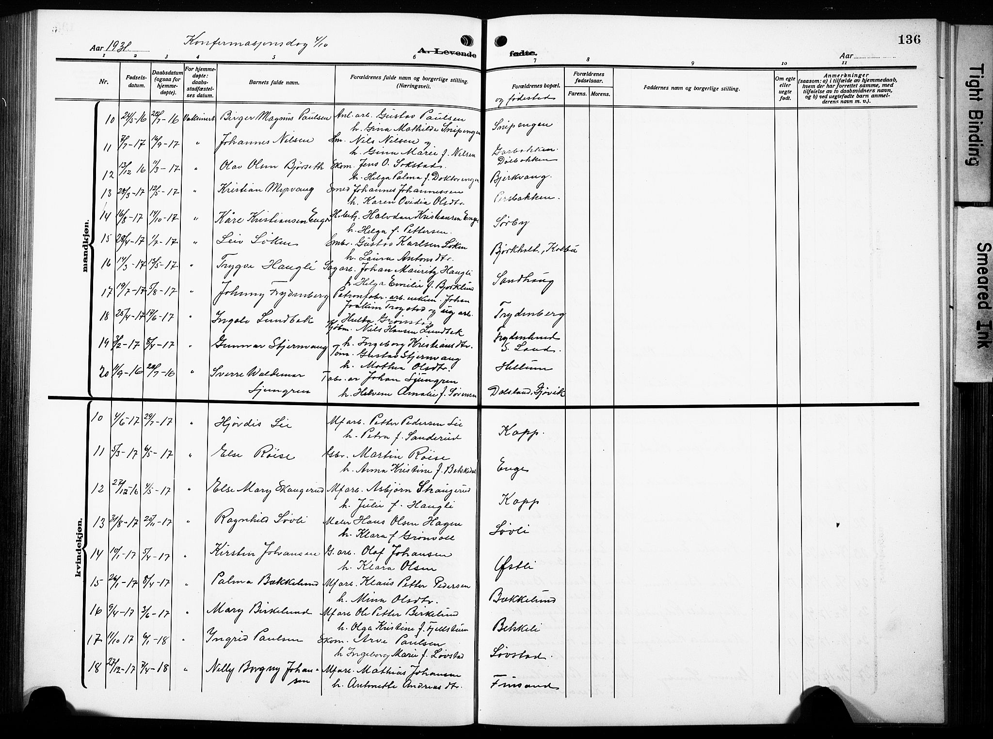 Østre Toten prestekontor, AV/SAH-PREST-104/H/Ha/Hab/L0010: Parish register (copy) no. 10, 1912-1933, p. 136
