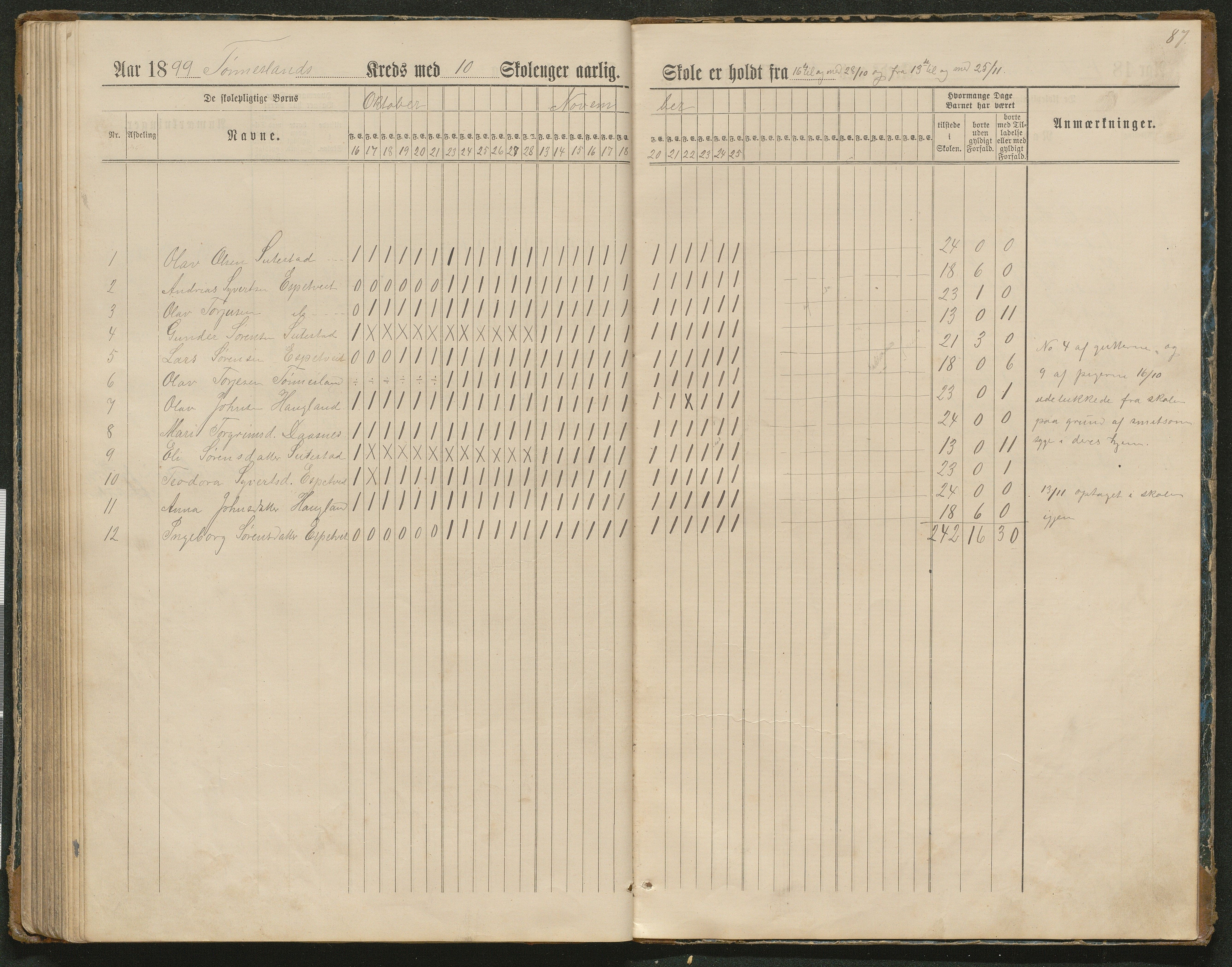 Hornnes kommune, Tønnesvold, Abusland skolekretser, AAKS/KA0936-550g/F1/L0003: Dagbok Abusland, Tønnesland, 1884-1900, p. 87