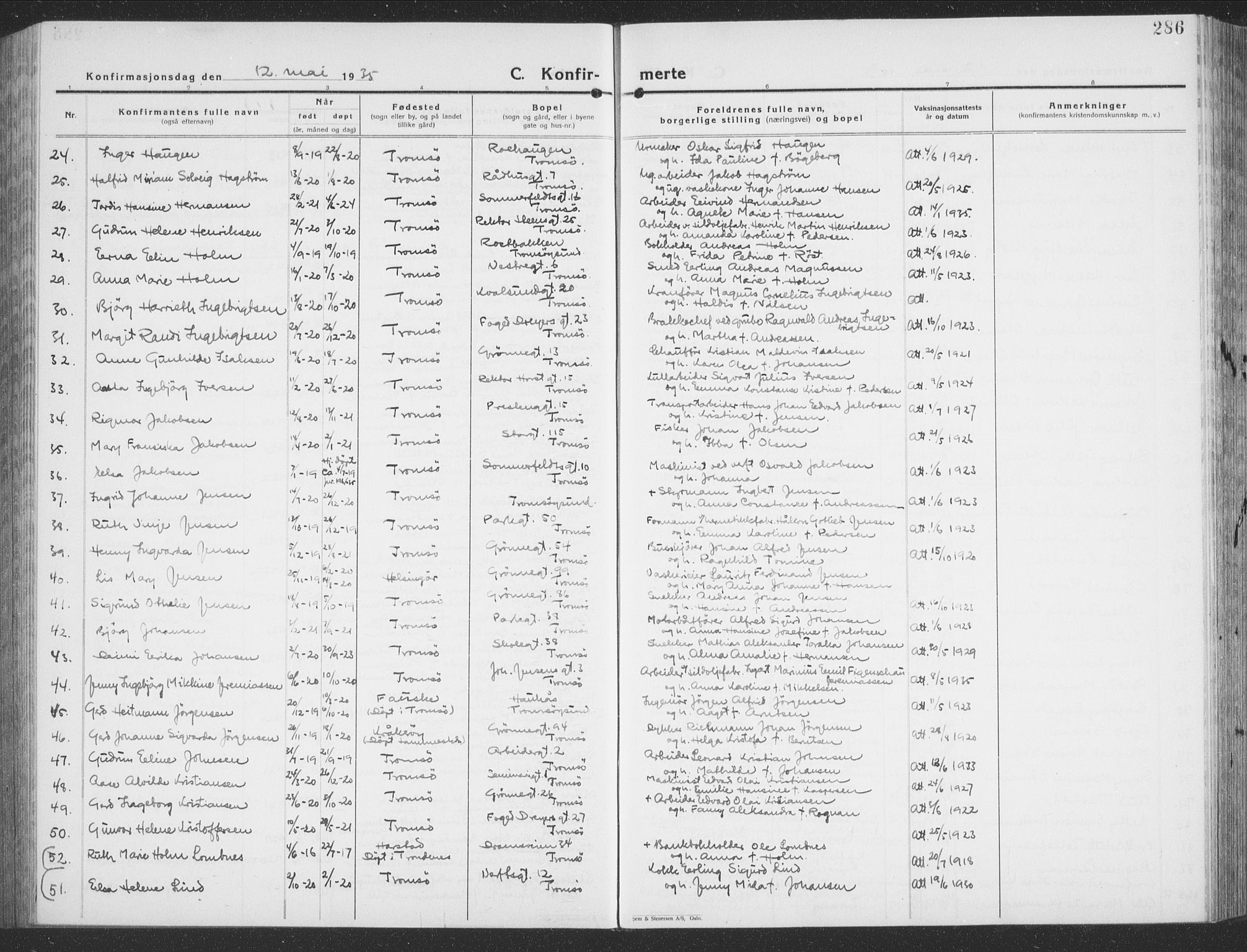 Tromsø sokneprestkontor/stiftsprosti/domprosti, SATØ/S-1343/G/Gb/L0010klokker: Parish register (copy) no. 10, 1925-1937, p. 286
