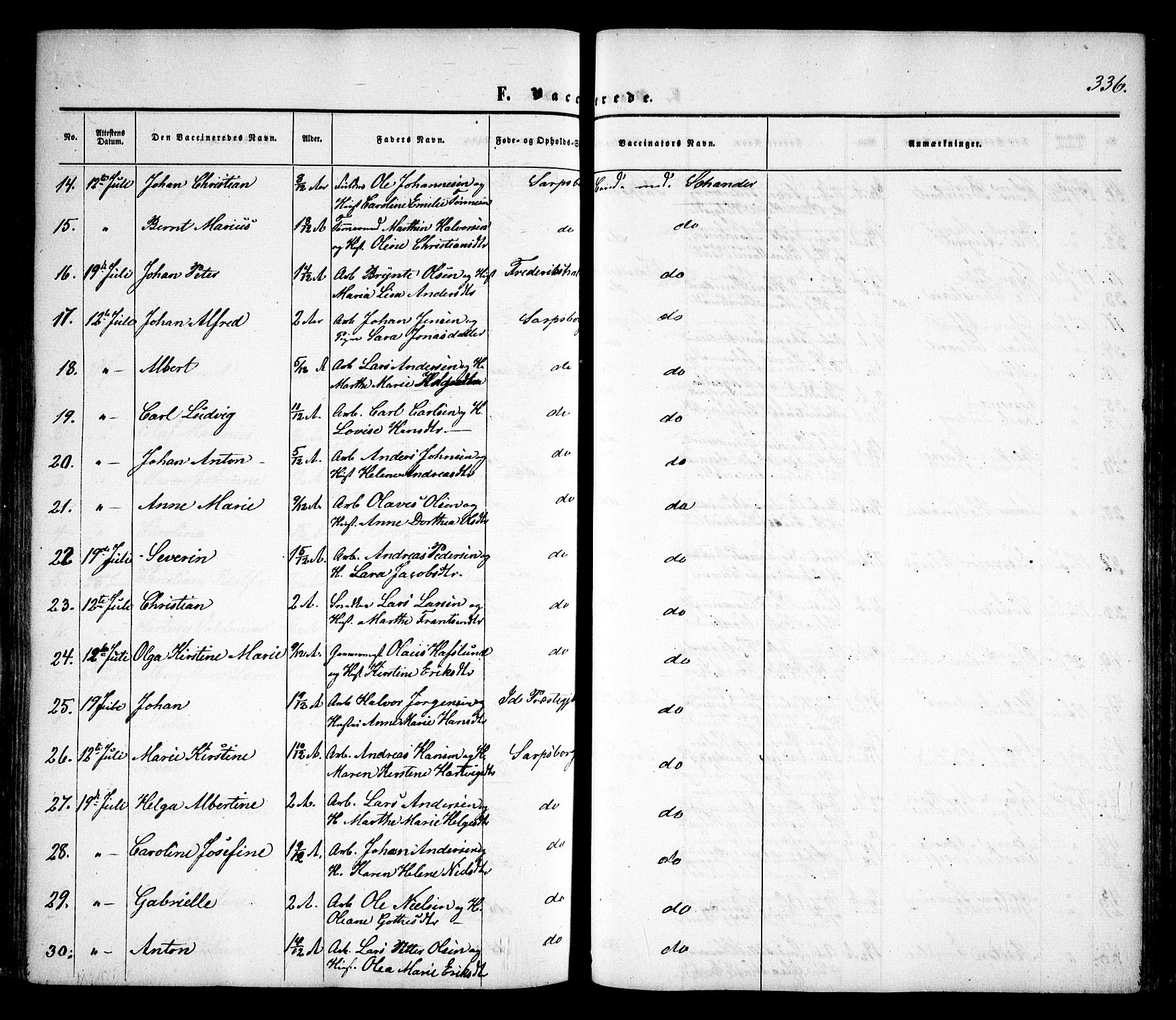 Sarpsborg prestekontor Kirkebøker, SAO/A-2006/F/Fa/L0001: Parish register (official) no. 1, 1859-1868, p. 336
