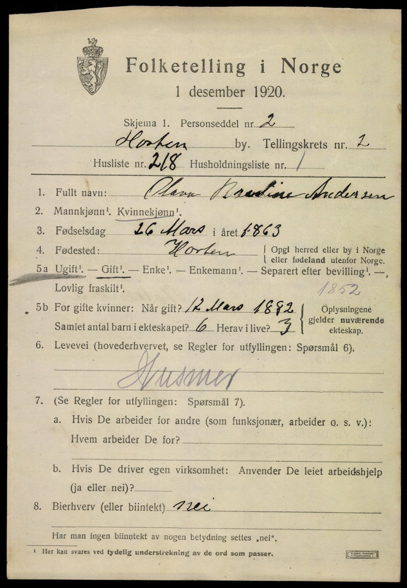 SAKO, 1920 census for Horten, 1920, p. 13427