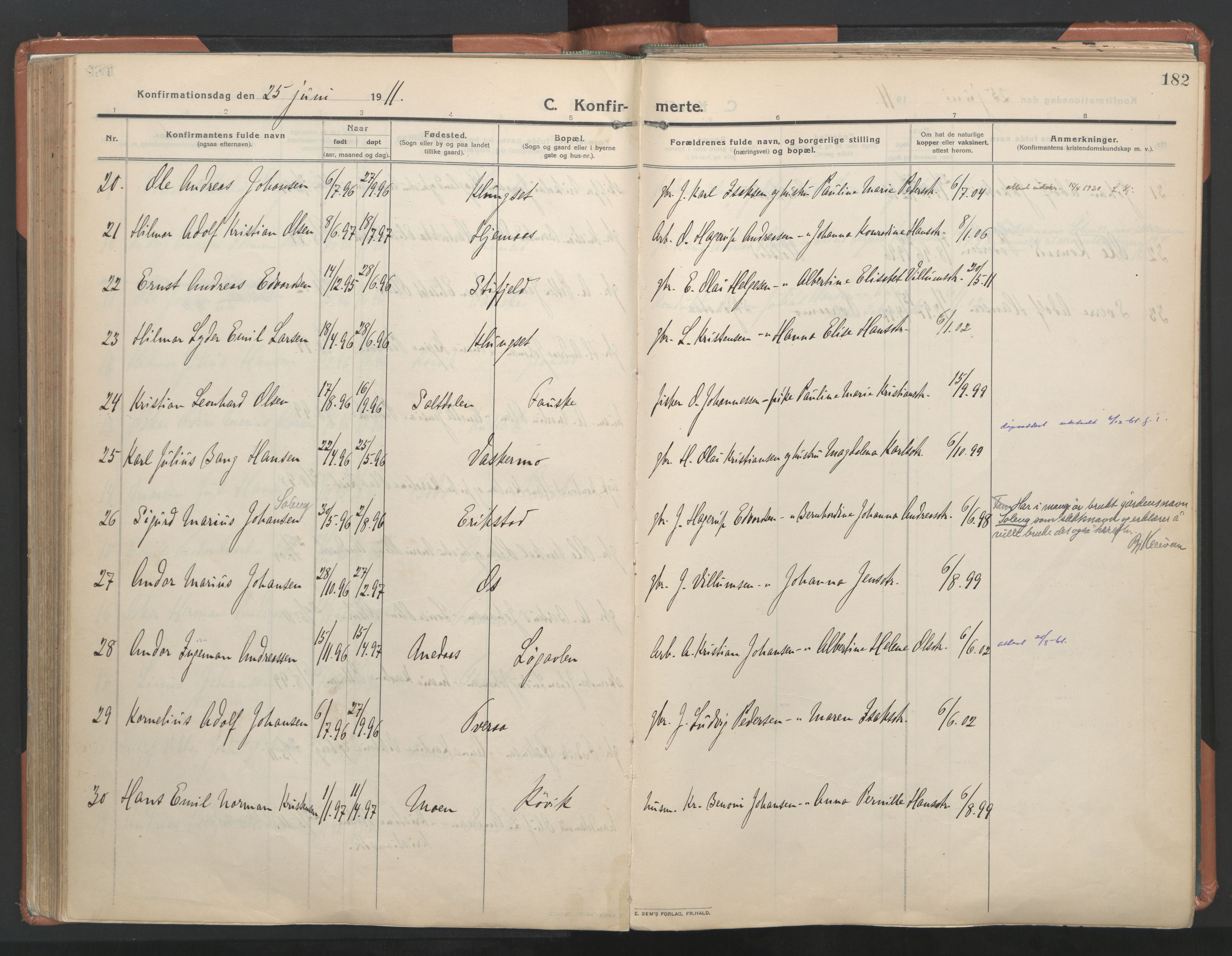 Ministerialprotokoller, klokkerbøker og fødselsregistre - Nordland, AV/SAT-A-1459/849/L0698: Parish register (official) no. 849A09, 1911-1924, p. 182