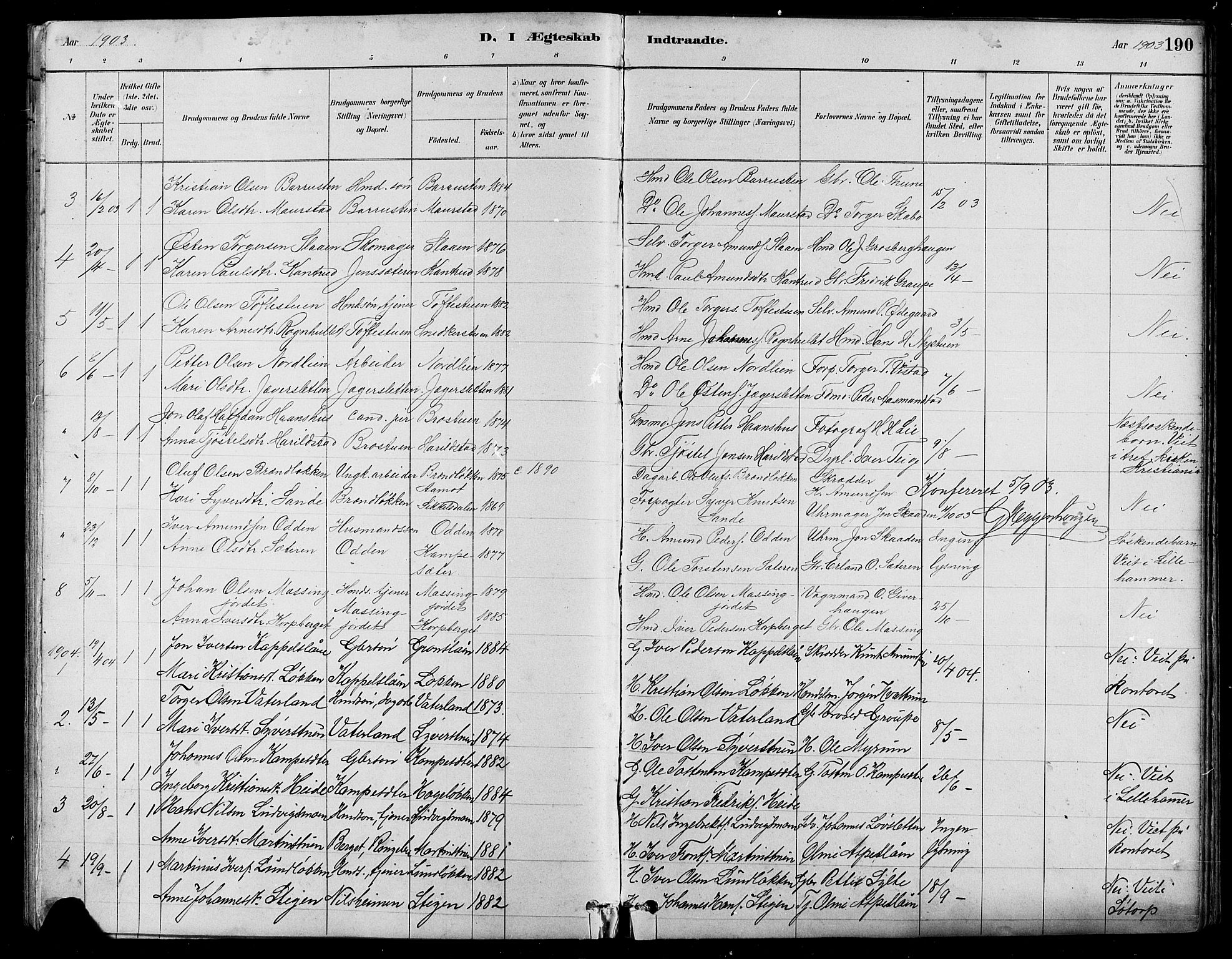 Nord-Fron prestekontor, SAH/PREST-080/H/Ha/Hab/L0005: Parish register (copy) no. 5, 1884-1914, p. 190