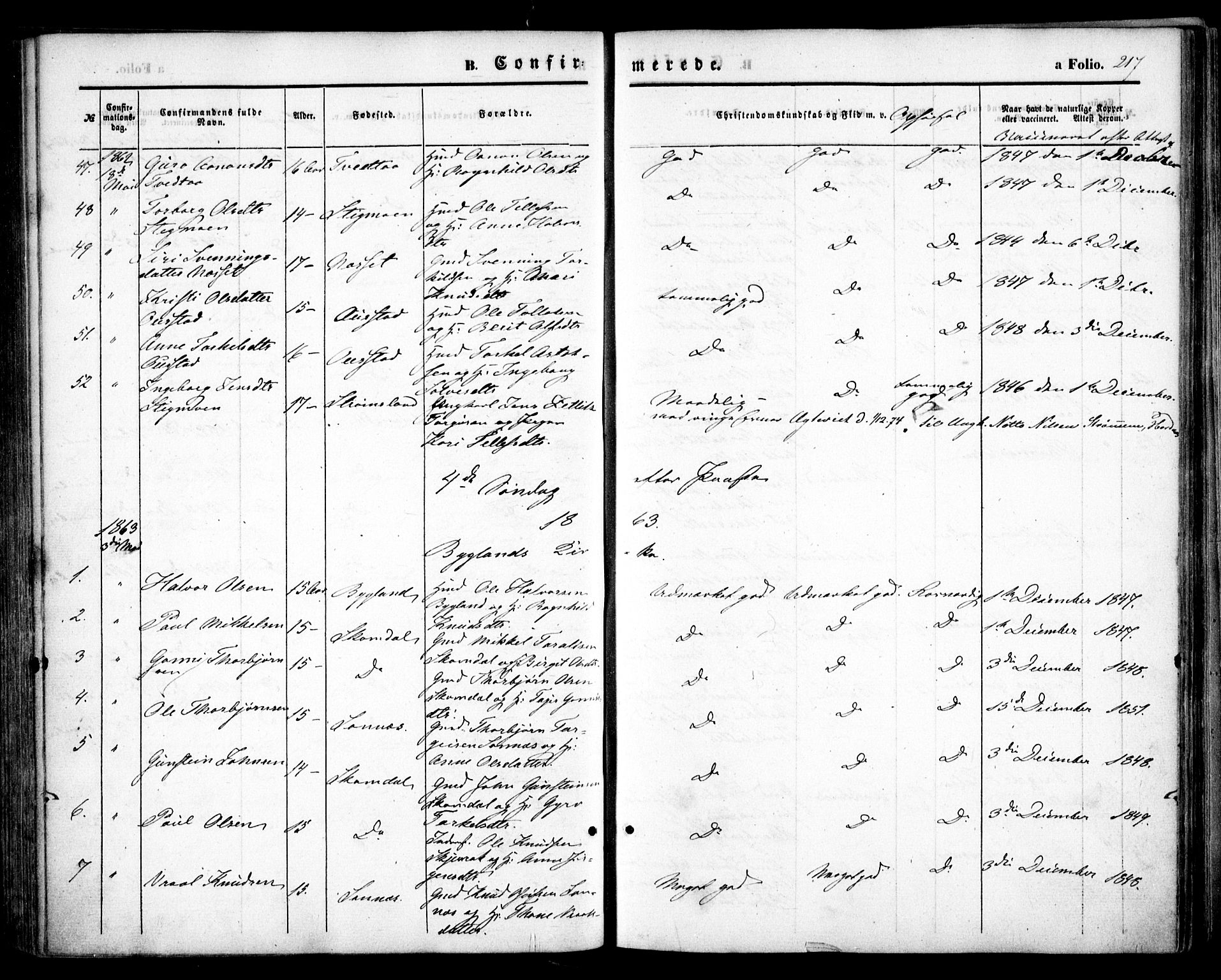 Bygland sokneprestkontor, SAK/1111-0006/F/Fa/Fab/L0005: Parish register (official) no. A 5, 1859-1873, p. 217