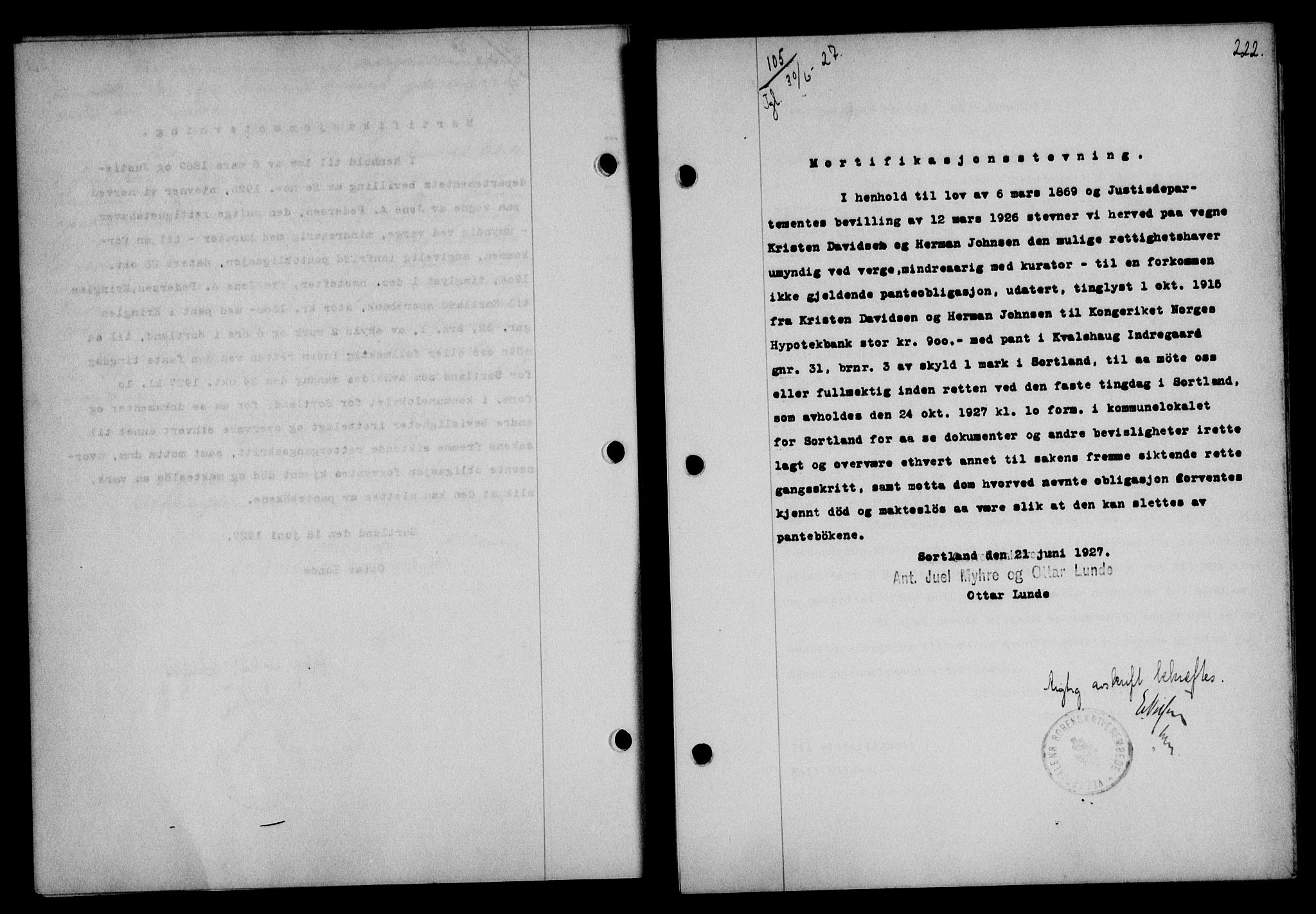 Vesterålen sorenskriveri, SAT/A-4180/1/2/2Ca/L0044: Mortgage book no. 37, 1927-1927, Deed date: 30.06.1927