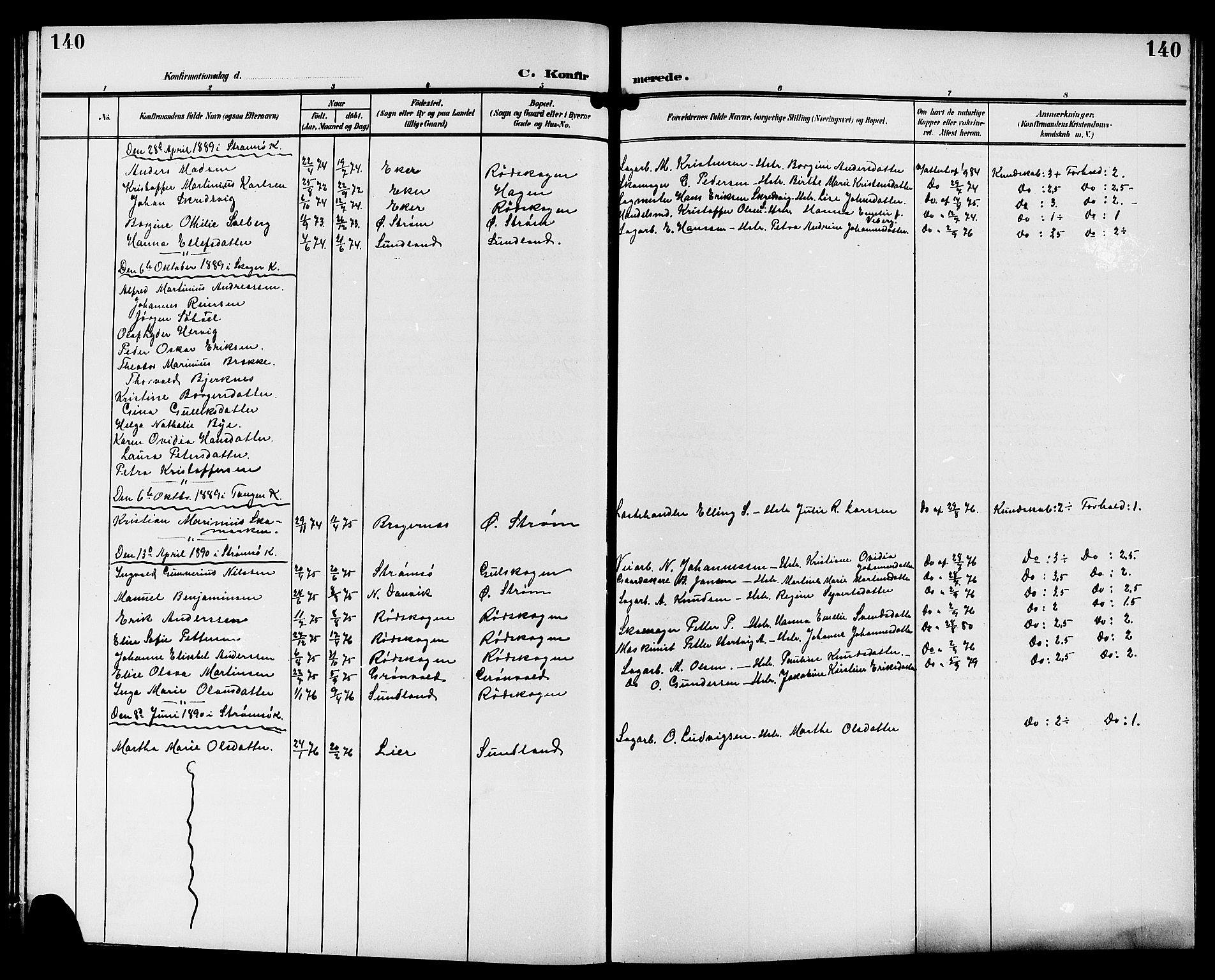 Strømsgodset kirkebøker, SAKO/A-324/G/Ga/L0002: Parish register (copy) no. 2, 1885-1910, p. 140