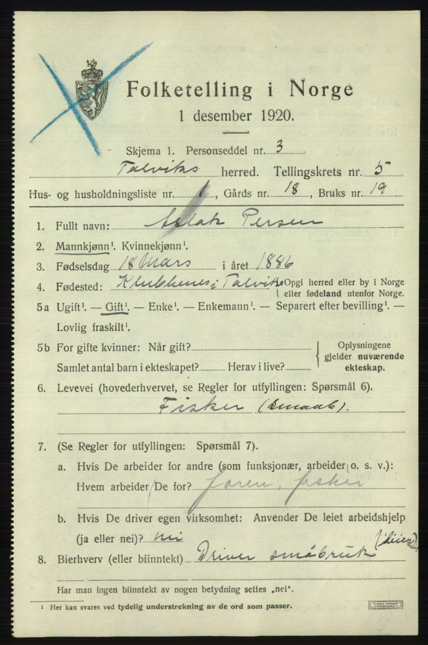 SATØ, 1920 census for Talvik, 1920, p. 3450