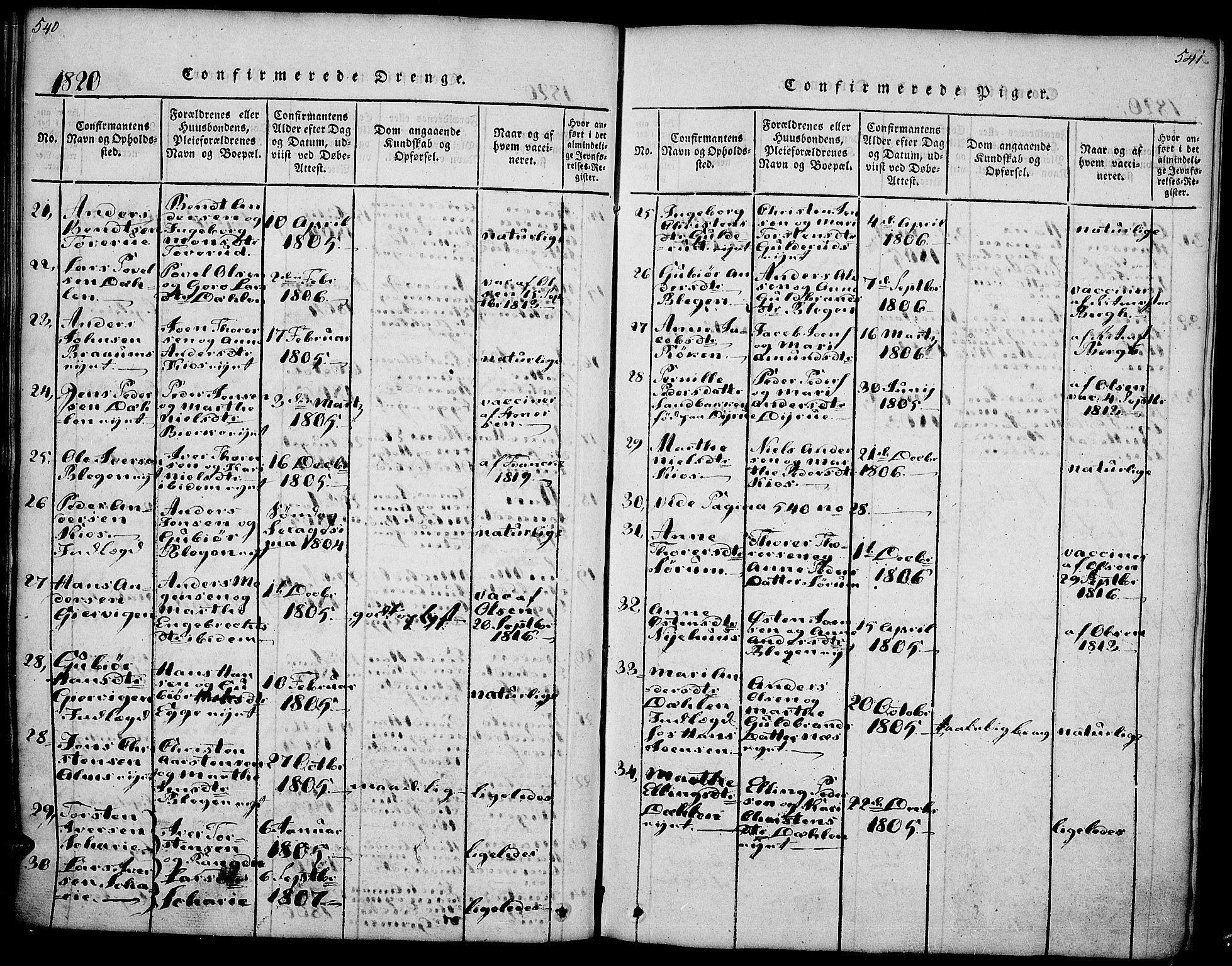 Gran prestekontor, AV/SAH-PREST-112/H/Ha/Haa/L0009: Parish register (official) no. 9, 1815-1824, p. 540-541