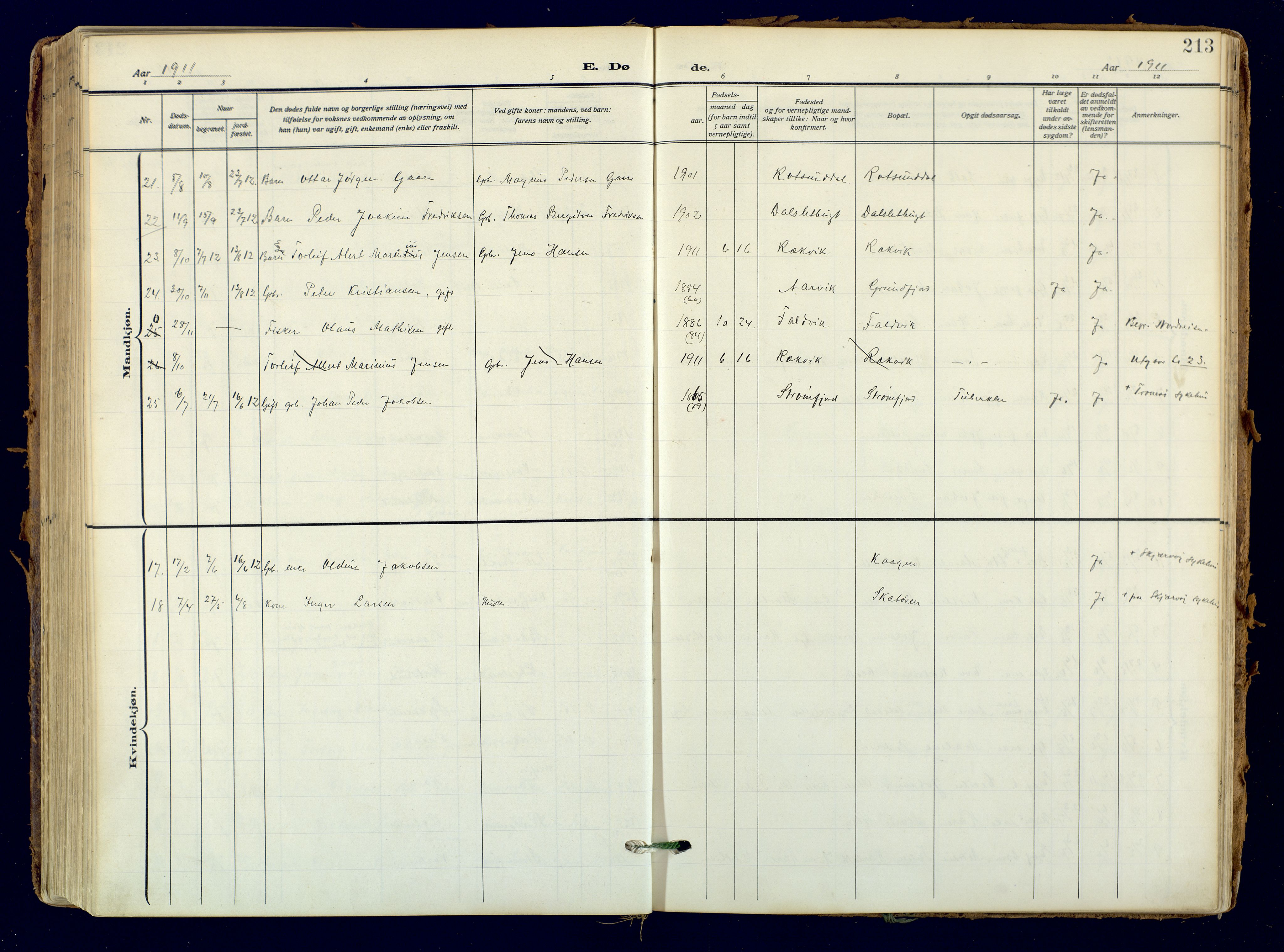 Skjervøy sokneprestkontor, AV/SATØ-S-1300/H/Ha/Haa: Parish register (official) no. 18, 1910-1926, p. 213