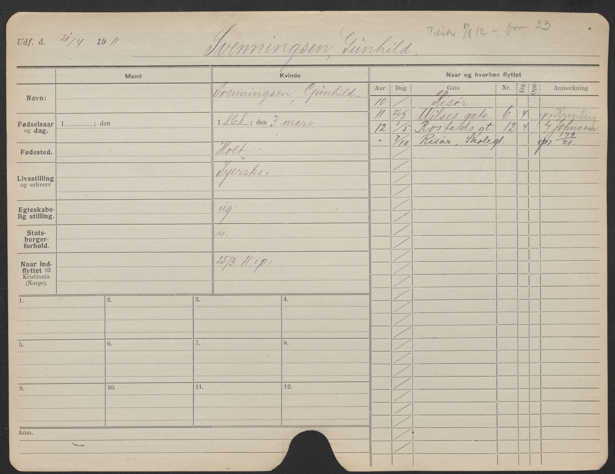 Oslo folkeregister, Registerkort, AV/SAO-A-11715/F/Fa/Fac/L0024: Kvinner, 1906-1914, p. 700a