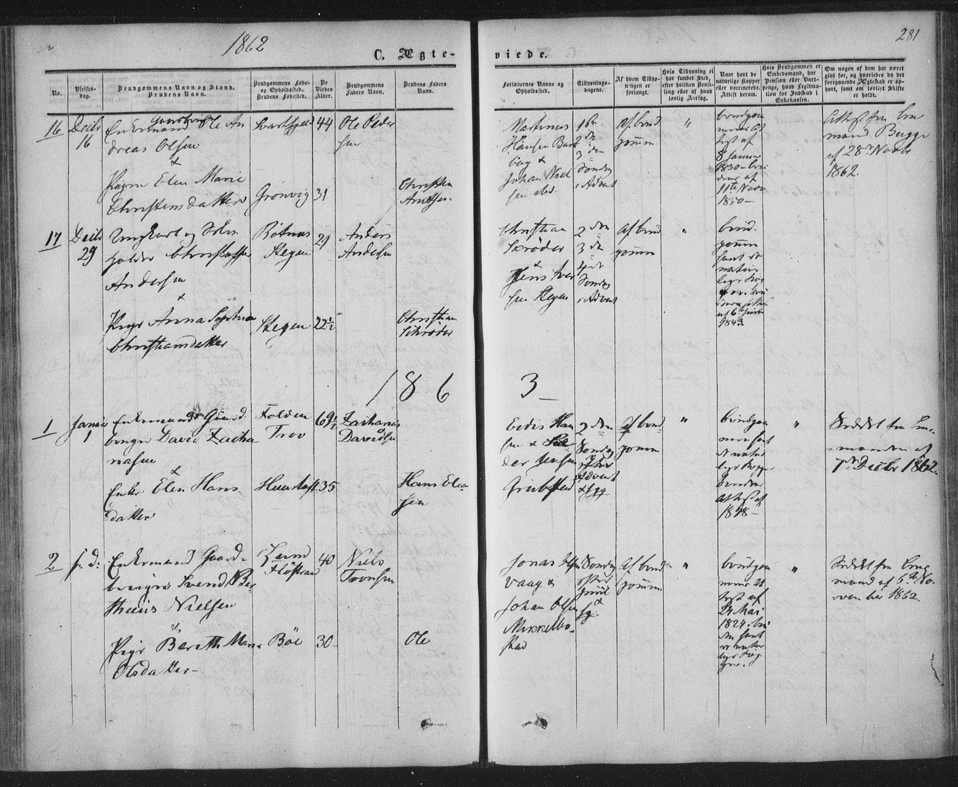 Ministerialprotokoller, klokkerbøker og fødselsregistre - Nordland, AV/SAT-A-1459/855/L0800: Parish register (official) no. 855A08, 1852-1864, p. 281