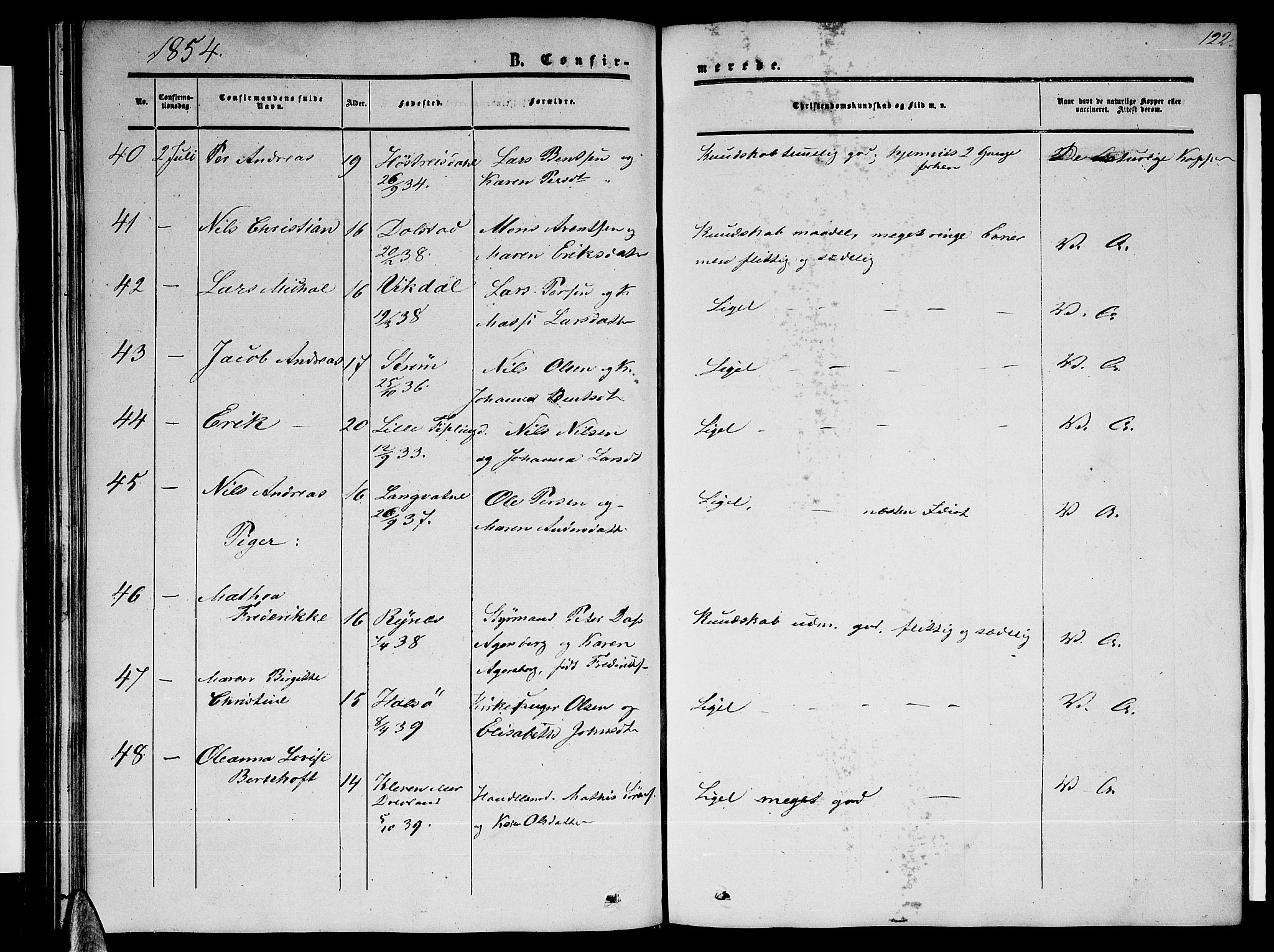 Ministerialprotokoller, klokkerbøker og fødselsregistre - Nordland, AV/SAT-A-1459/820/L0301: Parish register (copy) no. 820C03, 1851-1858, p. 122