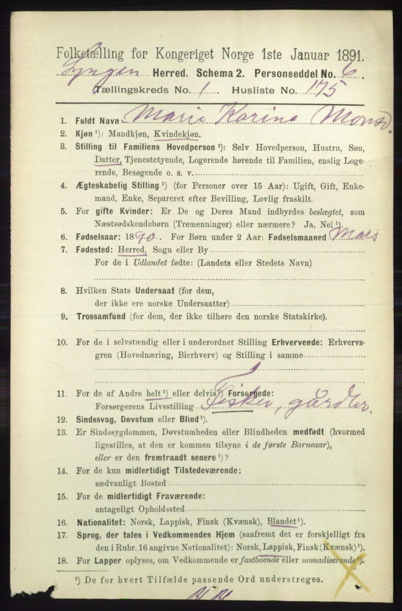 RA, 1891 census for 1938 Lyngen, 1891, p. 1436