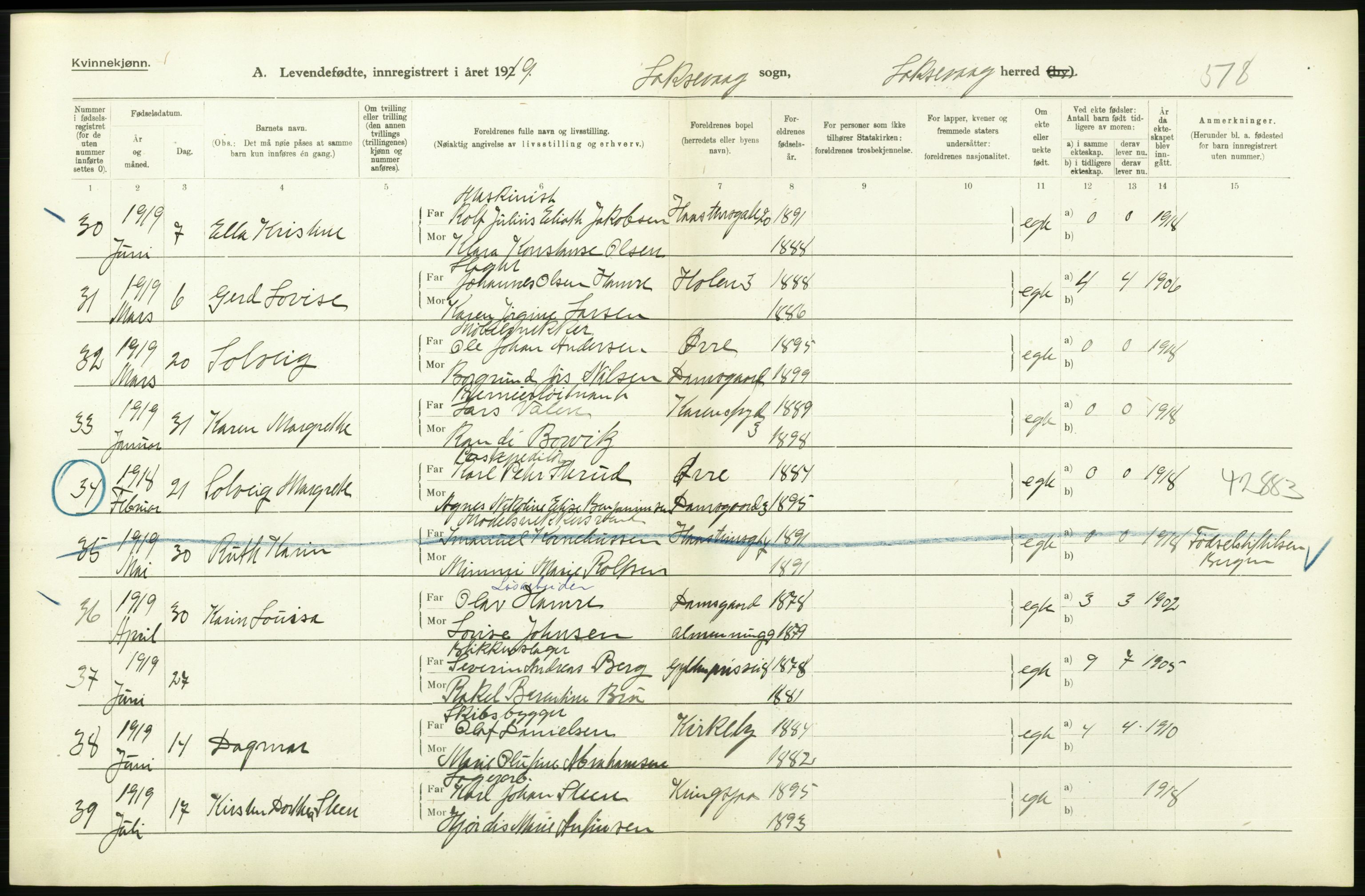 Statistisk sentralbyrå, Sosiodemografiske emner, Befolkning, AV/RA-S-2228/D/Df/Dfb/Dfbi/L0031: Hordaland fylke: Levendefødte menn og kvinner. Bygder., 1919, p. 292