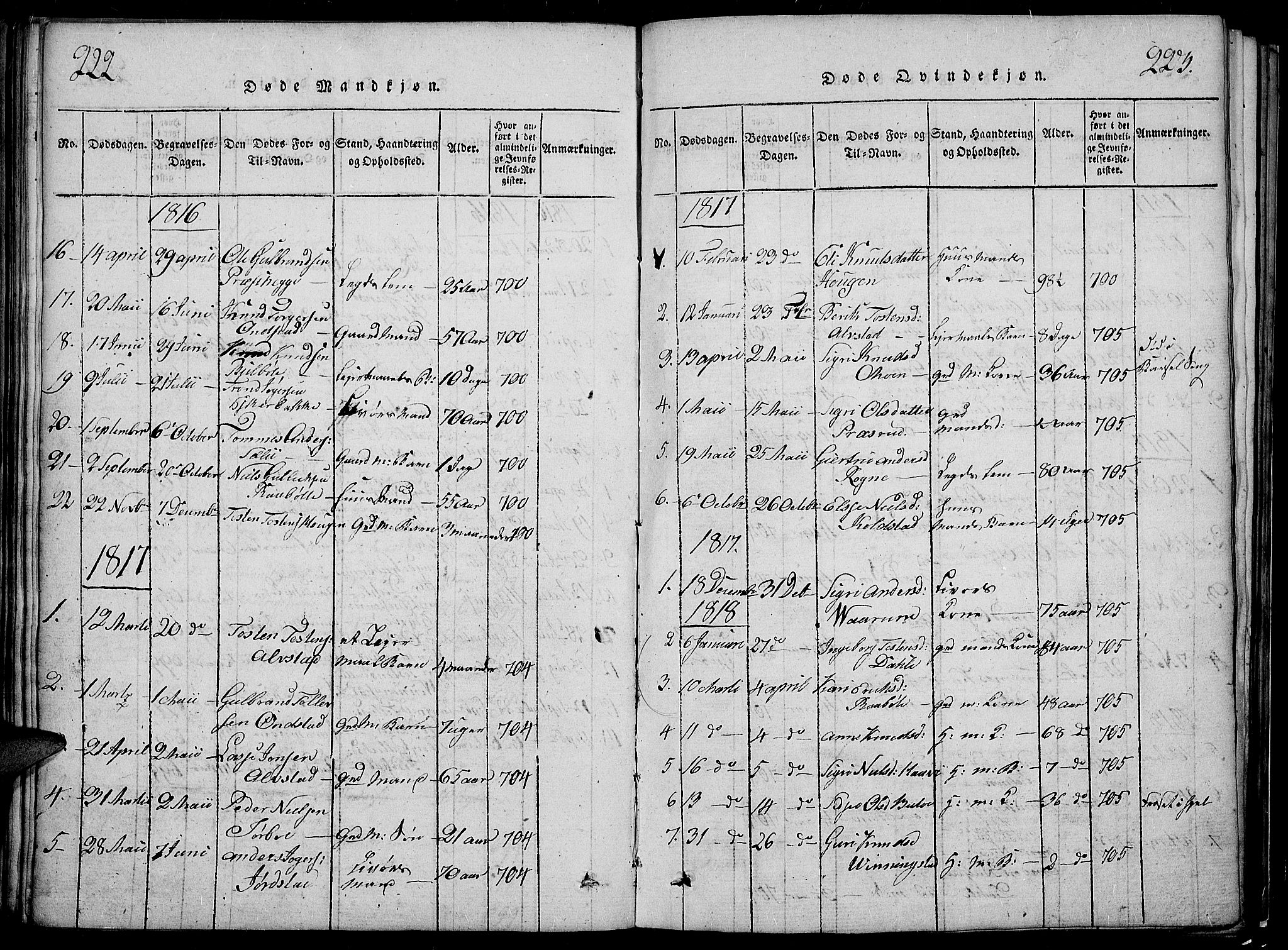 Slidre prestekontor, SAH/PREST-134/H/Ha/Hab/L0002: Parish register (copy) no. 2, 1814-1839, p. 222-223