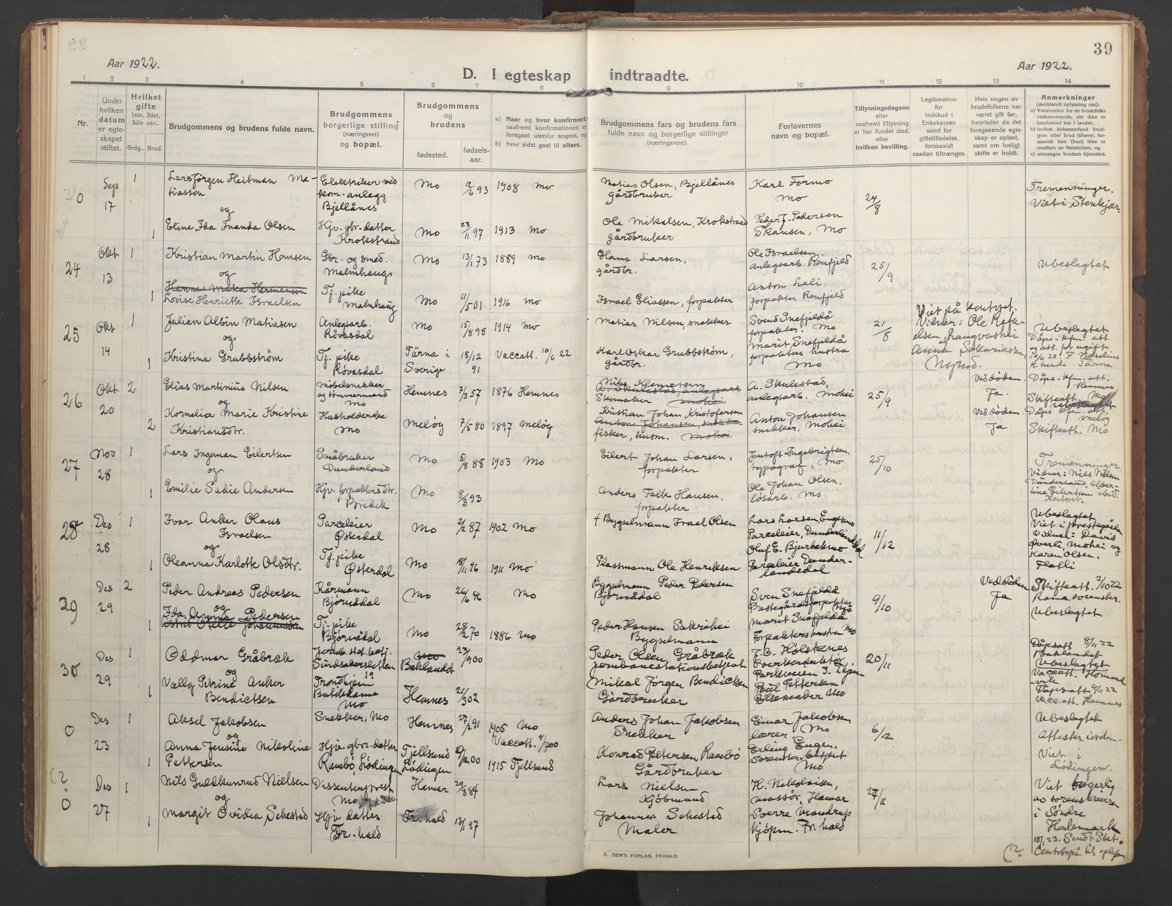 Ministerialprotokoller, klokkerbøker og fødselsregistre - Nordland, AV/SAT-A-1459/827/L0405: Parish register (official) no. 827A17, 1912-1925, p. 39