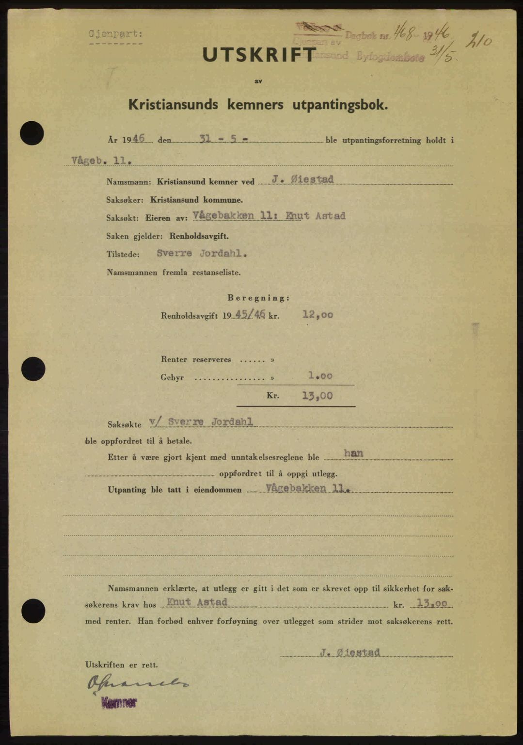 Kristiansund byfogd, AV/SAT-A-4587/A/27: Mortgage book no. 40, 1946-1946, Diary no: : 468/1946