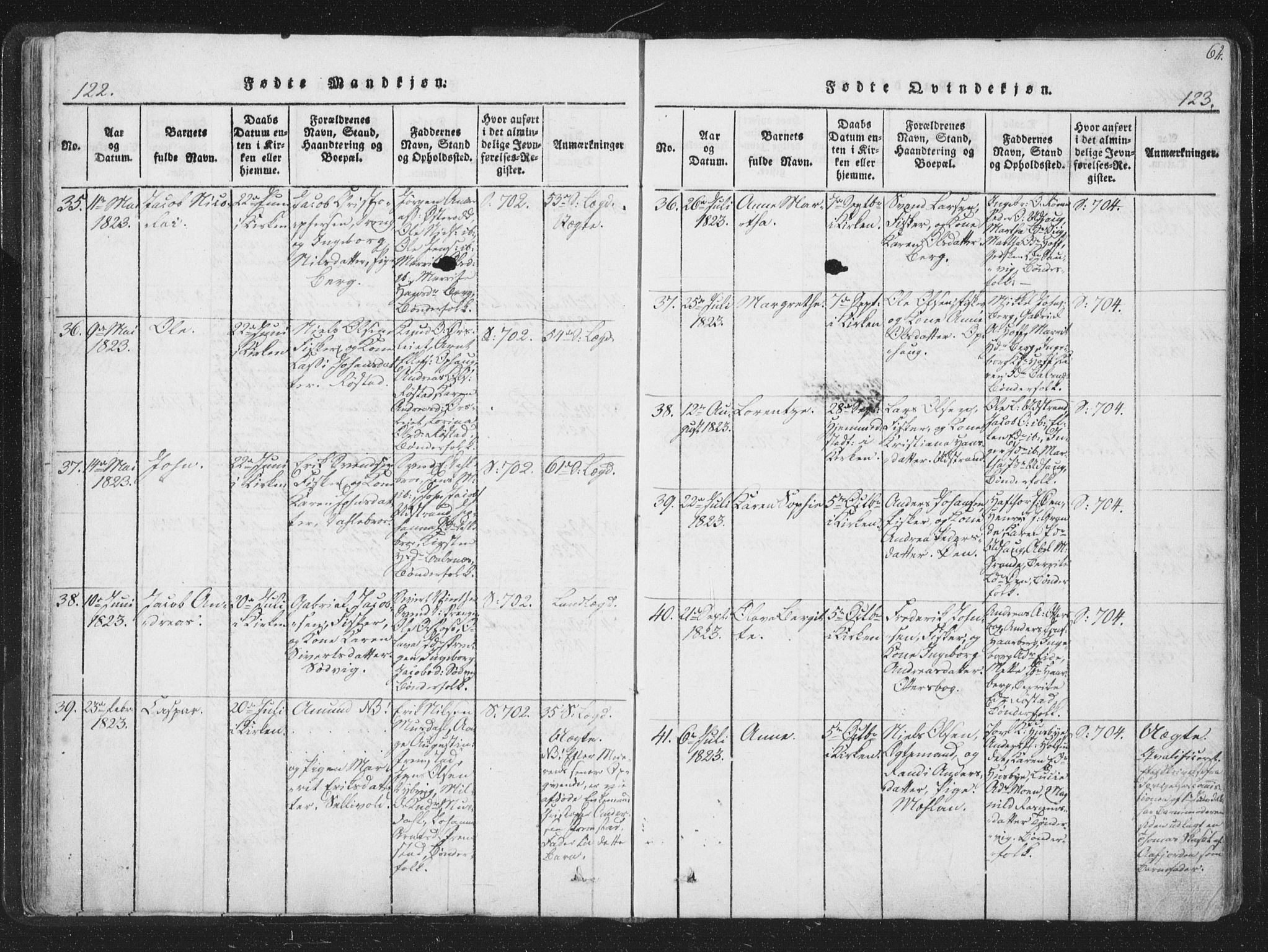 Ministerialprotokoller, klokkerbøker og fødselsregistre - Sør-Trøndelag, SAT/A-1456/659/L0734: Parish register (official) no. 659A04, 1818-1825, p. 122-123