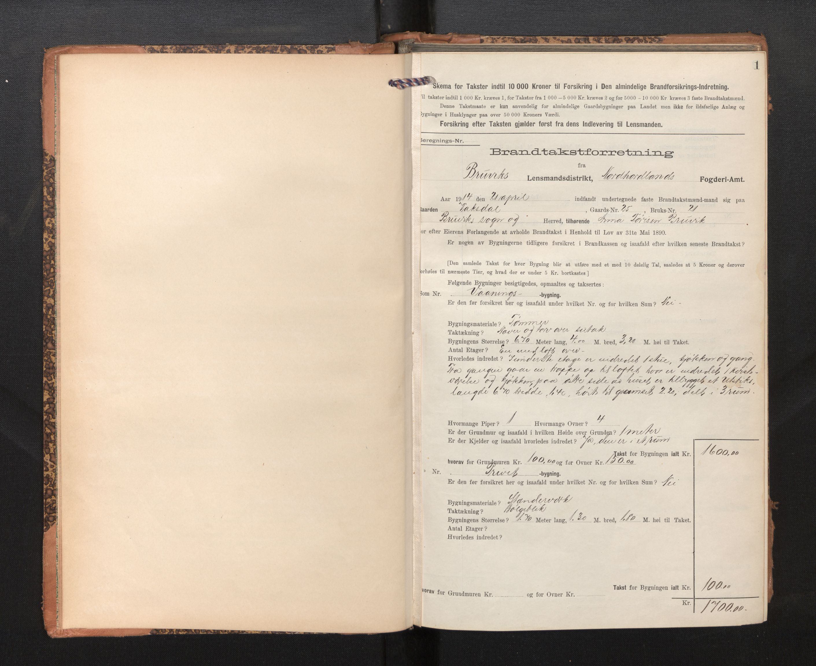 Lensmannen i Bruvik, SAB/A-31301/0012/L0008: Branntakstprotokoll, skjematakst, 1914-1919, p. 1