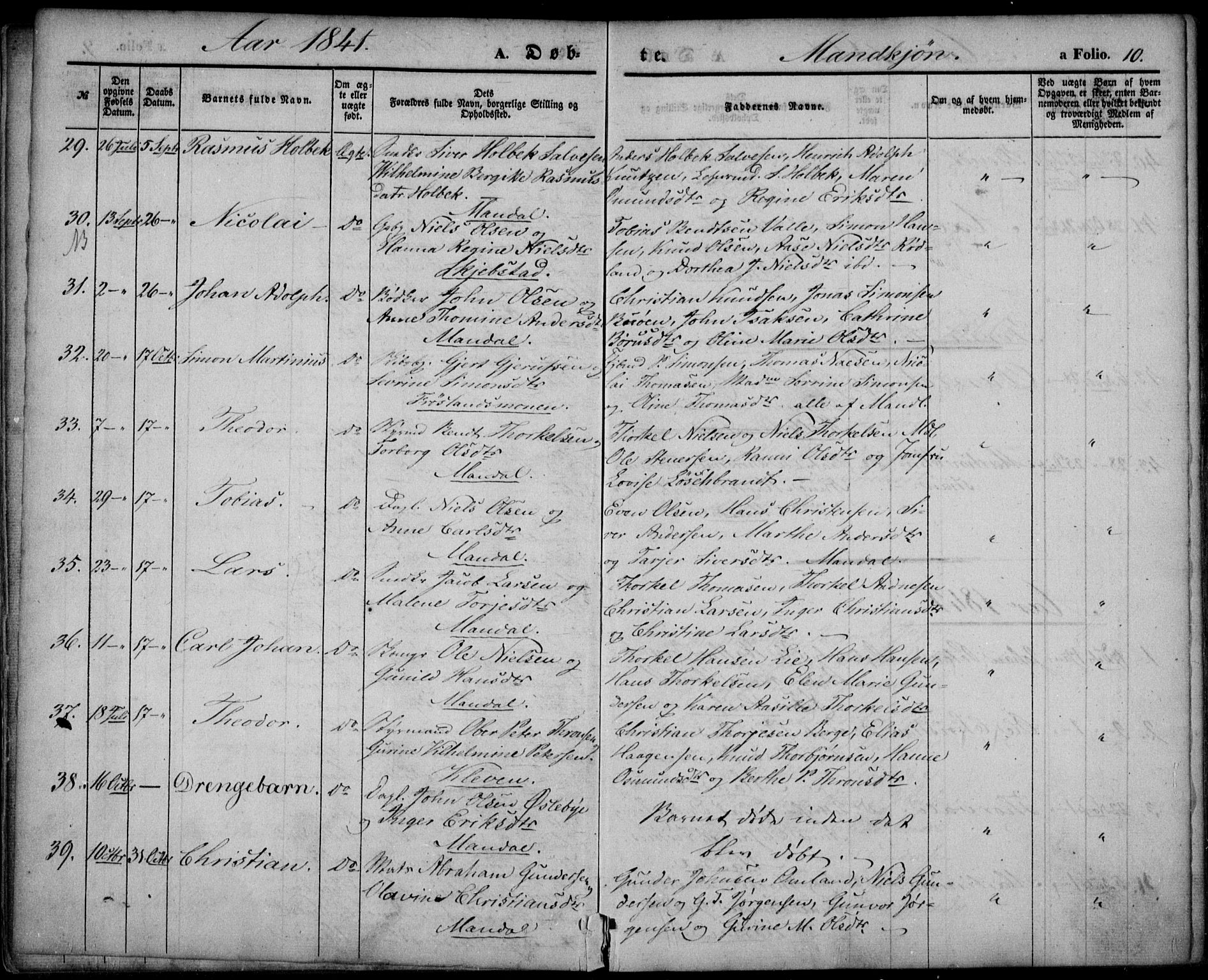 Mandal sokneprestkontor, SAK/1111-0030/F/Fa/Faa/L0012: Parish register (official) no. A 12, 1840-1847, p. 10