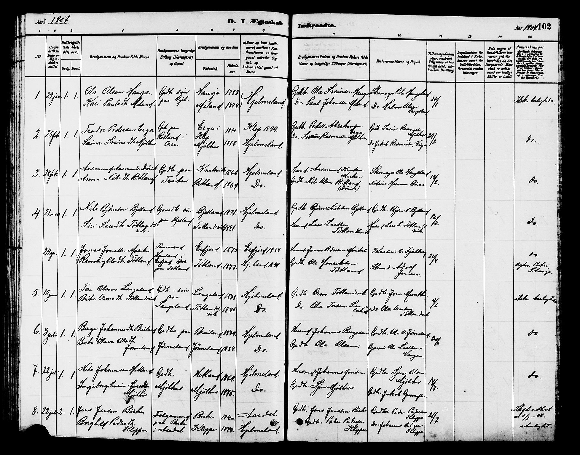 Hjelmeland sokneprestkontor, AV/SAST-A-101843/01/V/L0007: Parish register (copy) no. B 7, 1880-1909, p. 102