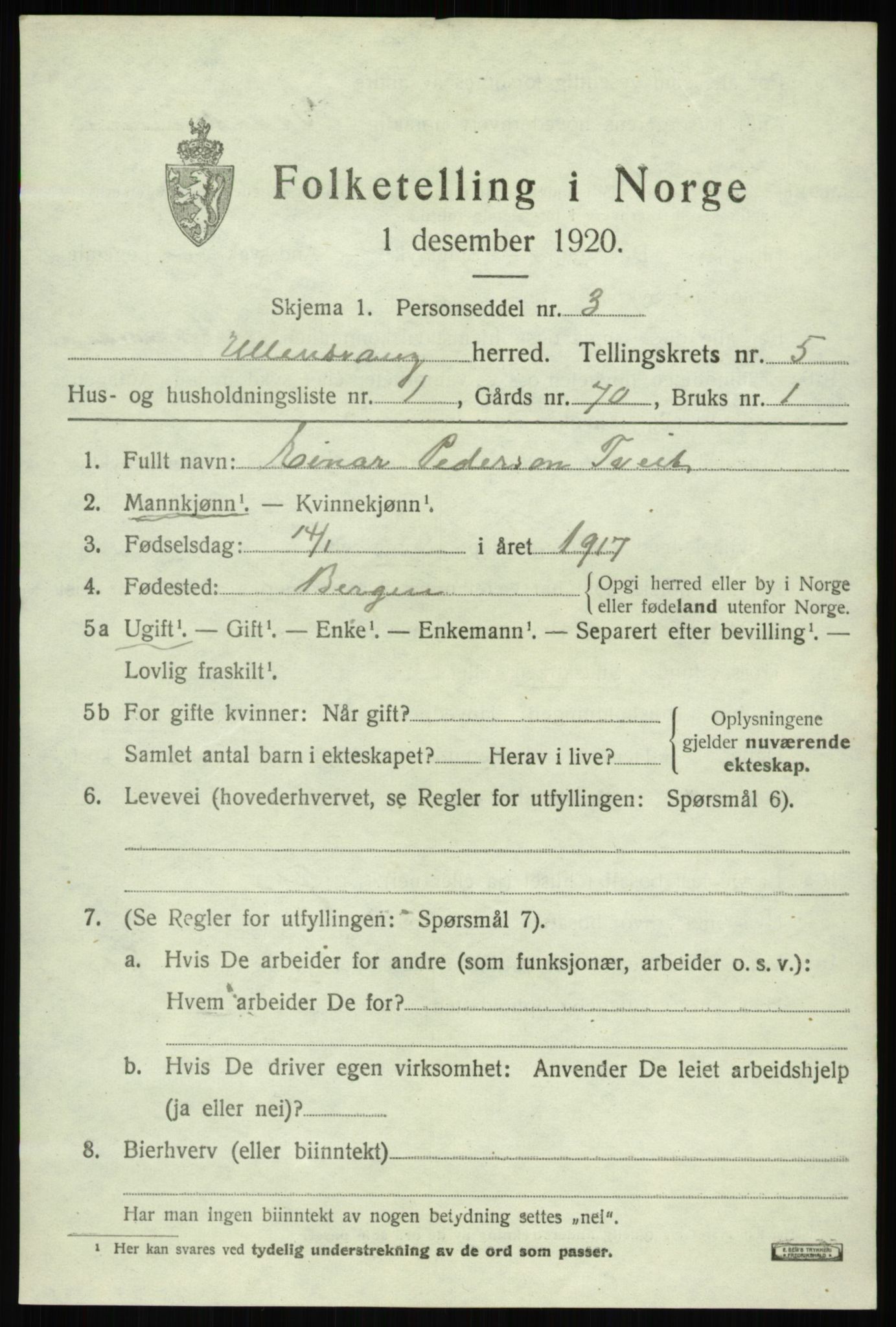 SAB, 1920 census for Ullensvang, 1920, p. 2372