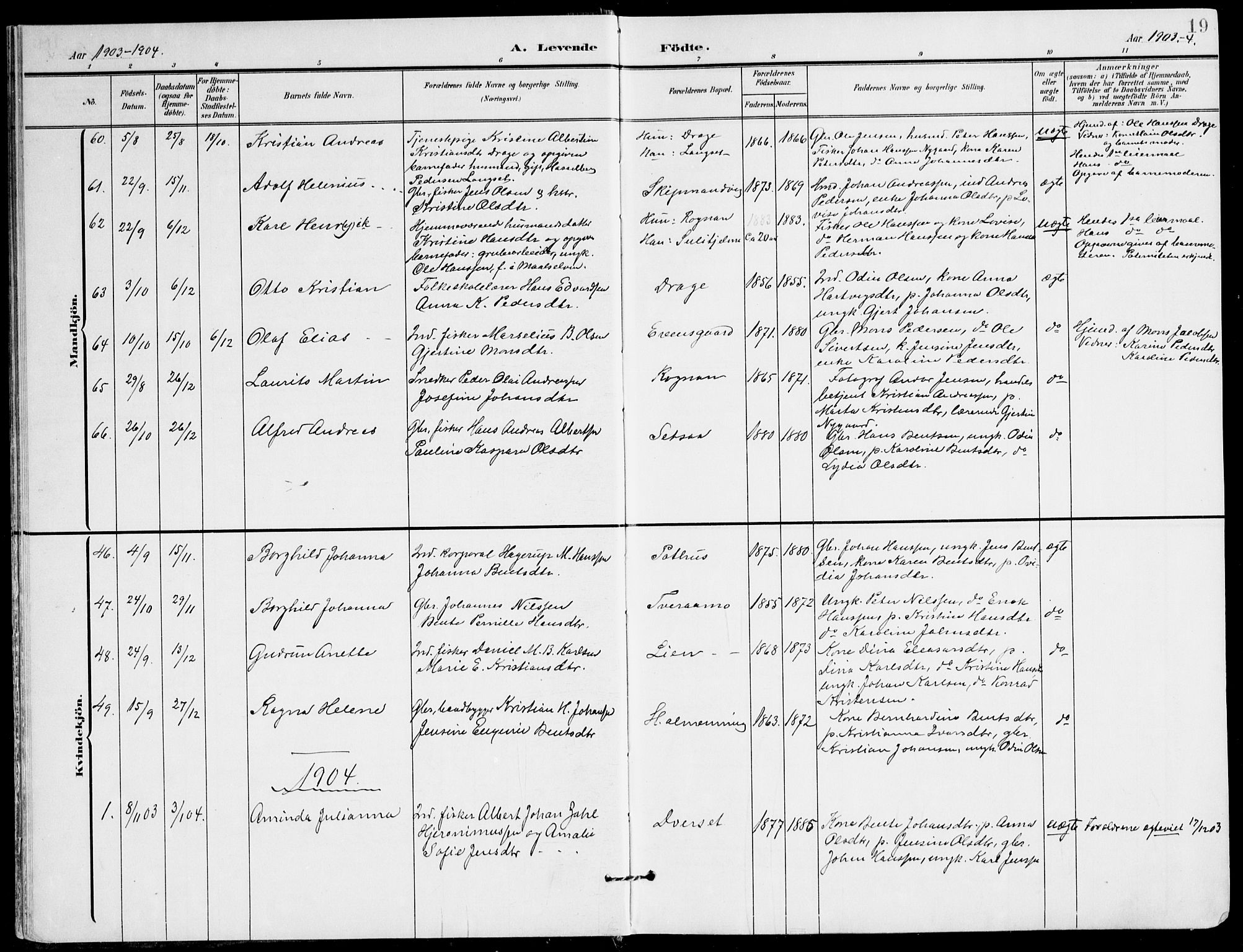 Ministerialprotokoller, klokkerbøker og fødselsregistre - Nordland, AV/SAT-A-1459/847/L0672: Parish register (official) no. 847A12, 1902-1919, p. 19