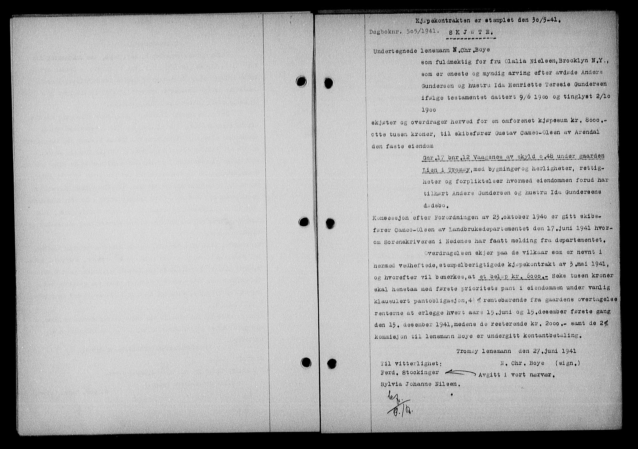 Nedenes sorenskriveri, SAK/1221-0006/G/Gb/Gba/L0048: Mortgage book no. A-II, 1940-1941, Diary no: : 505/1941