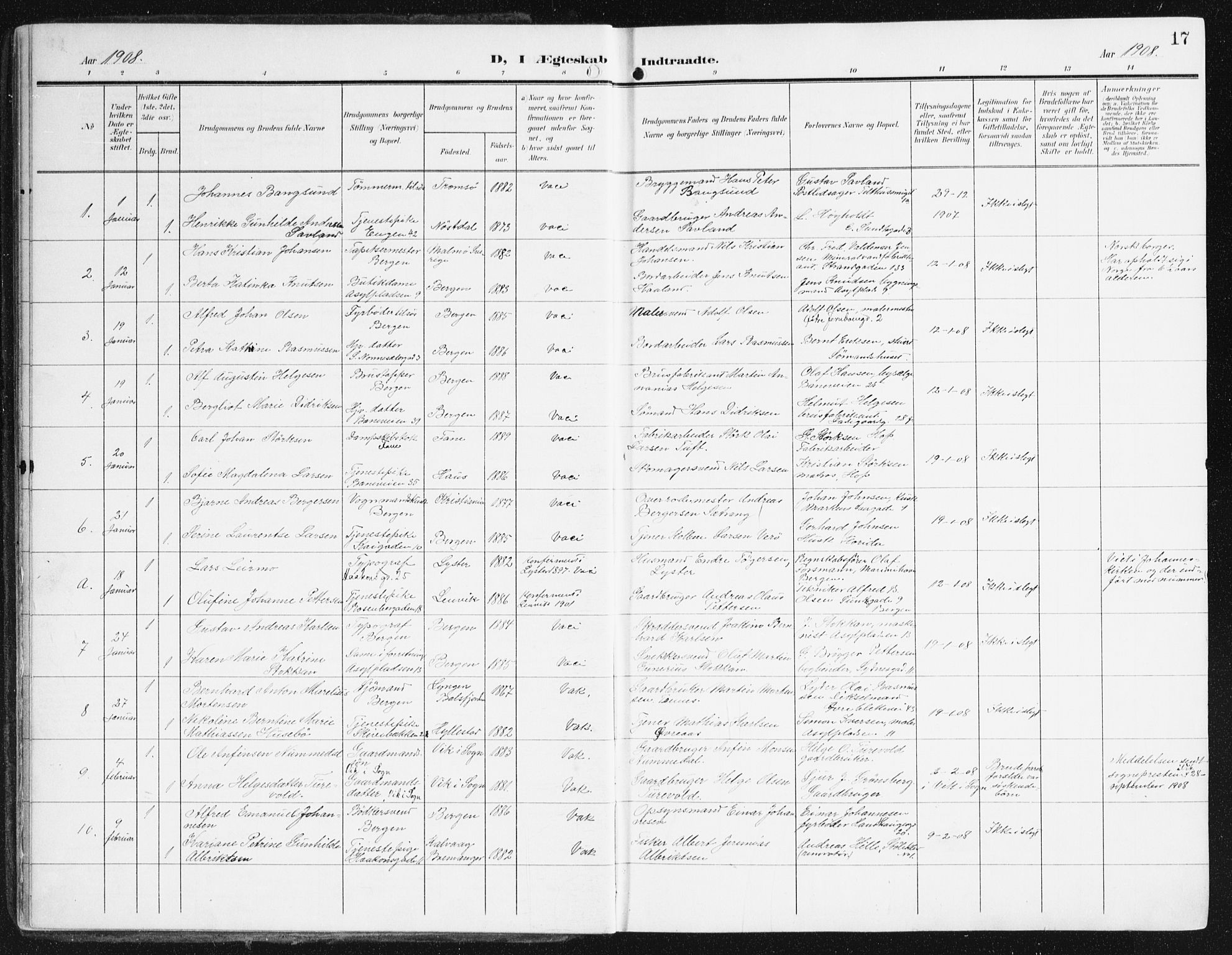 Domkirken sokneprestembete, AV/SAB-A-74801/H/Haa/L0038: Parish register (official) no. D 5, 1906-1921, p. 17