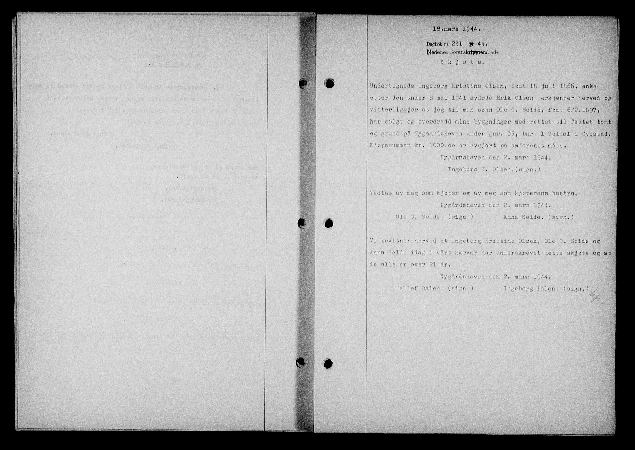 Nedenes sorenskriveri, SAK/1221-0006/G/Gb/Gba/L0051: Mortgage book no. A-V, 1943-1944, Diary no: : 231/1944