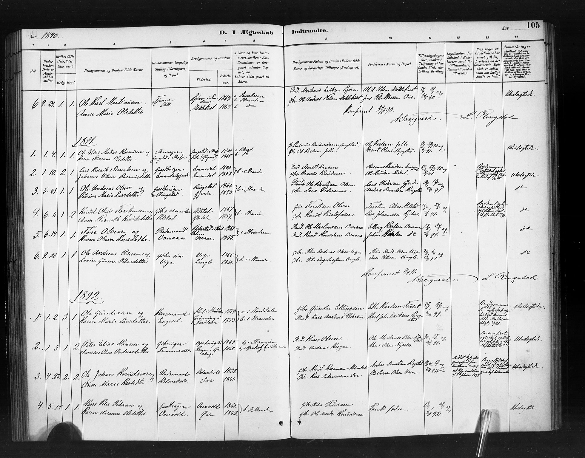 Ministerialprotokoller, klokkerbøker og fødselsregistre - Møre og Romsdal, SAT/A-1454/520/L0283: Parish register (official) no. 520A12, 1882-1898, p. 105