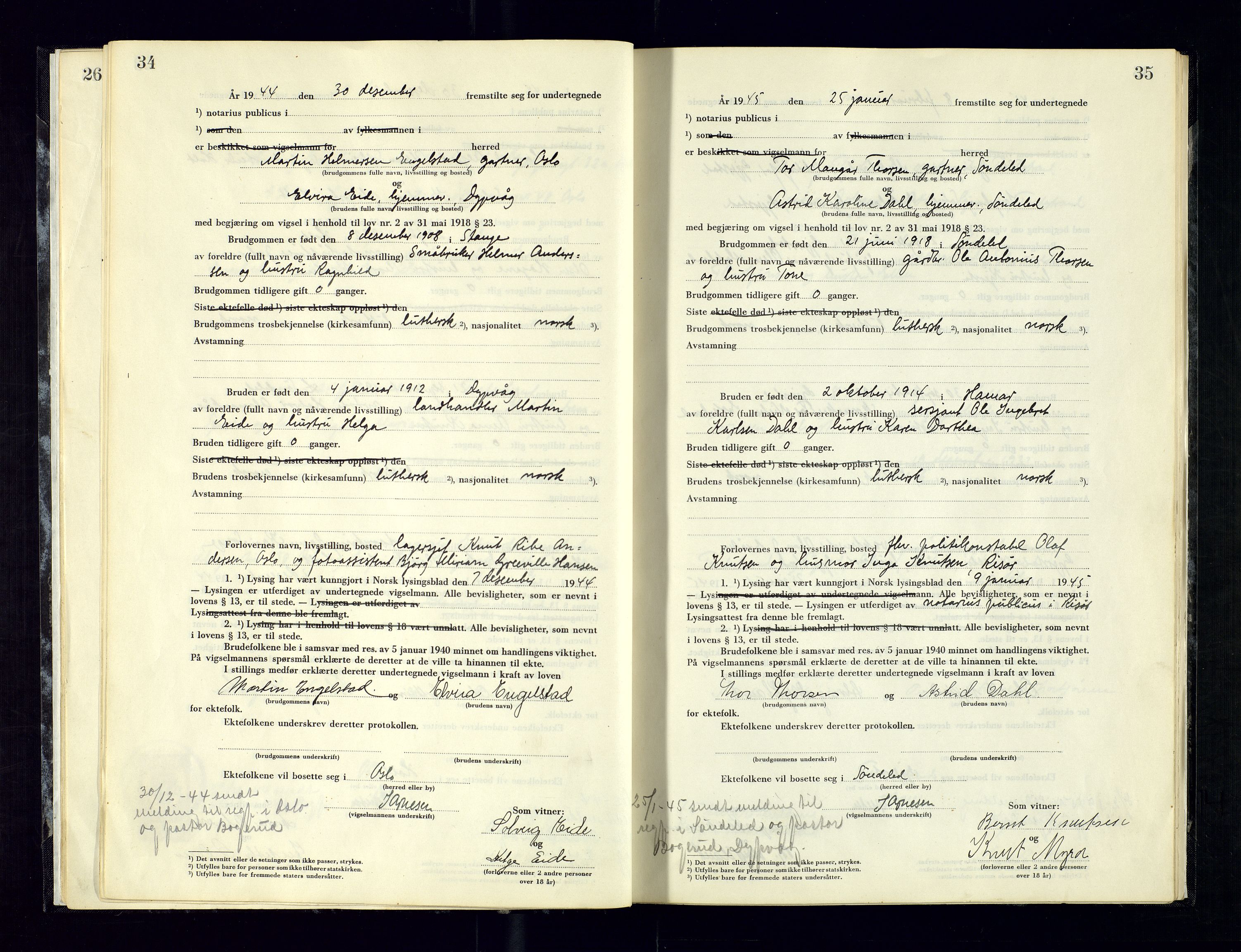 Holt sorenskriveri, AV/SAK-1221-0002/L/Ld/L0003: Vigselbok nr. 2, 1944-1964, p. 34-35