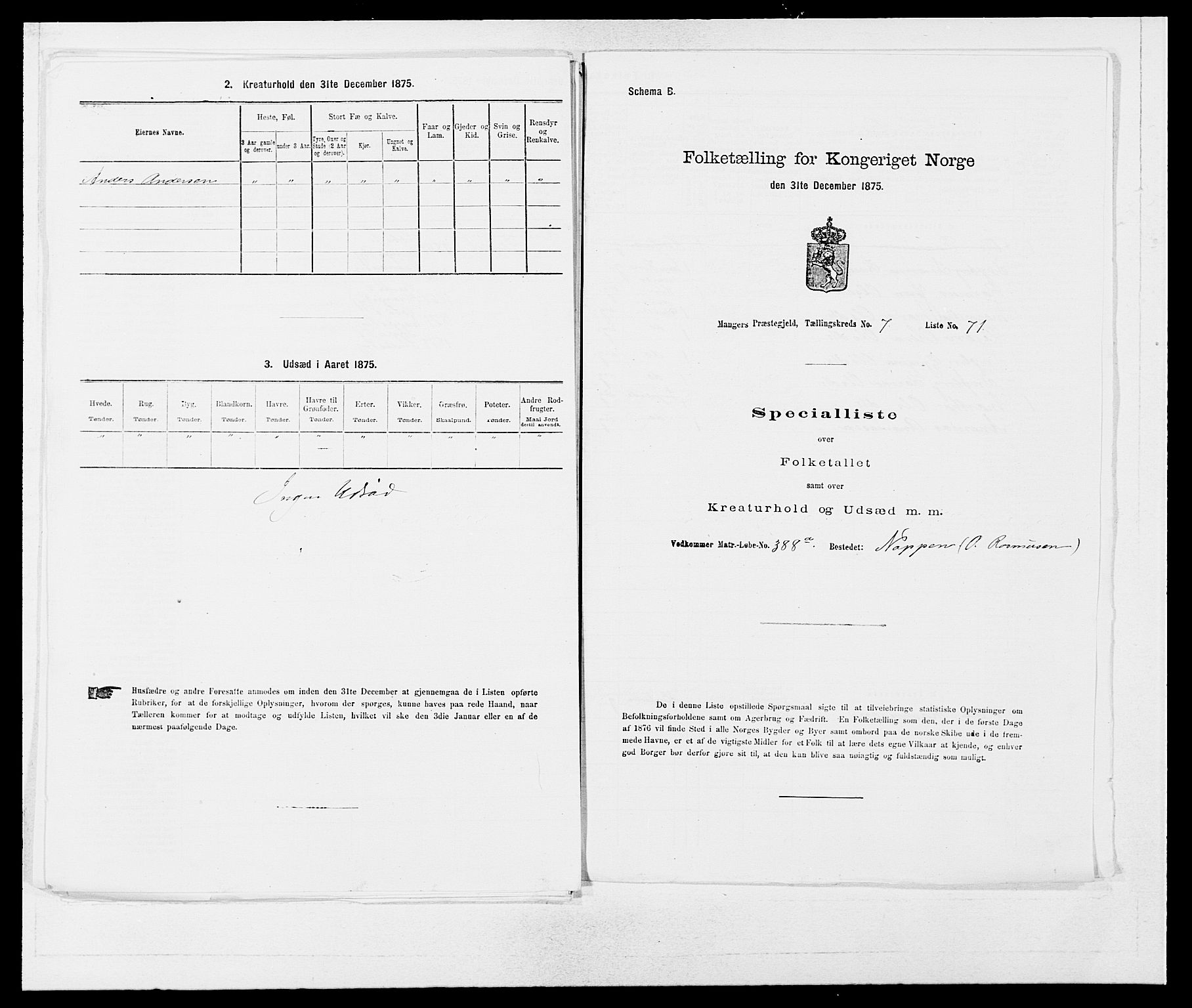 SAB, 1875 census for 1261P Manger, 1875, p. 1150