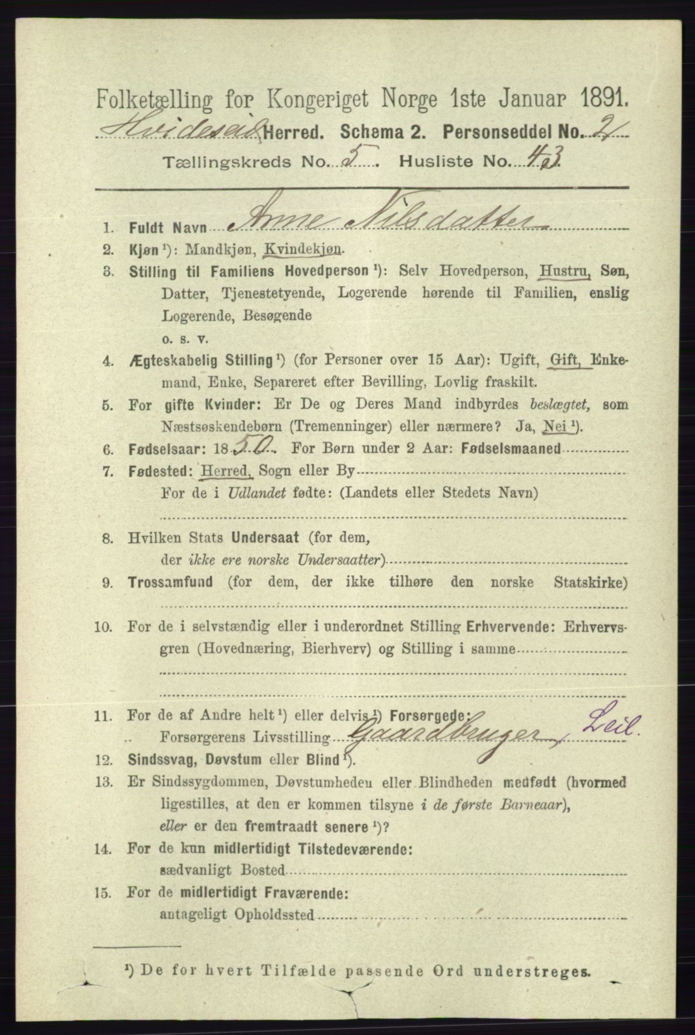 RA, 1891 census for 0829 Kviteseid, 1891, p. 1130