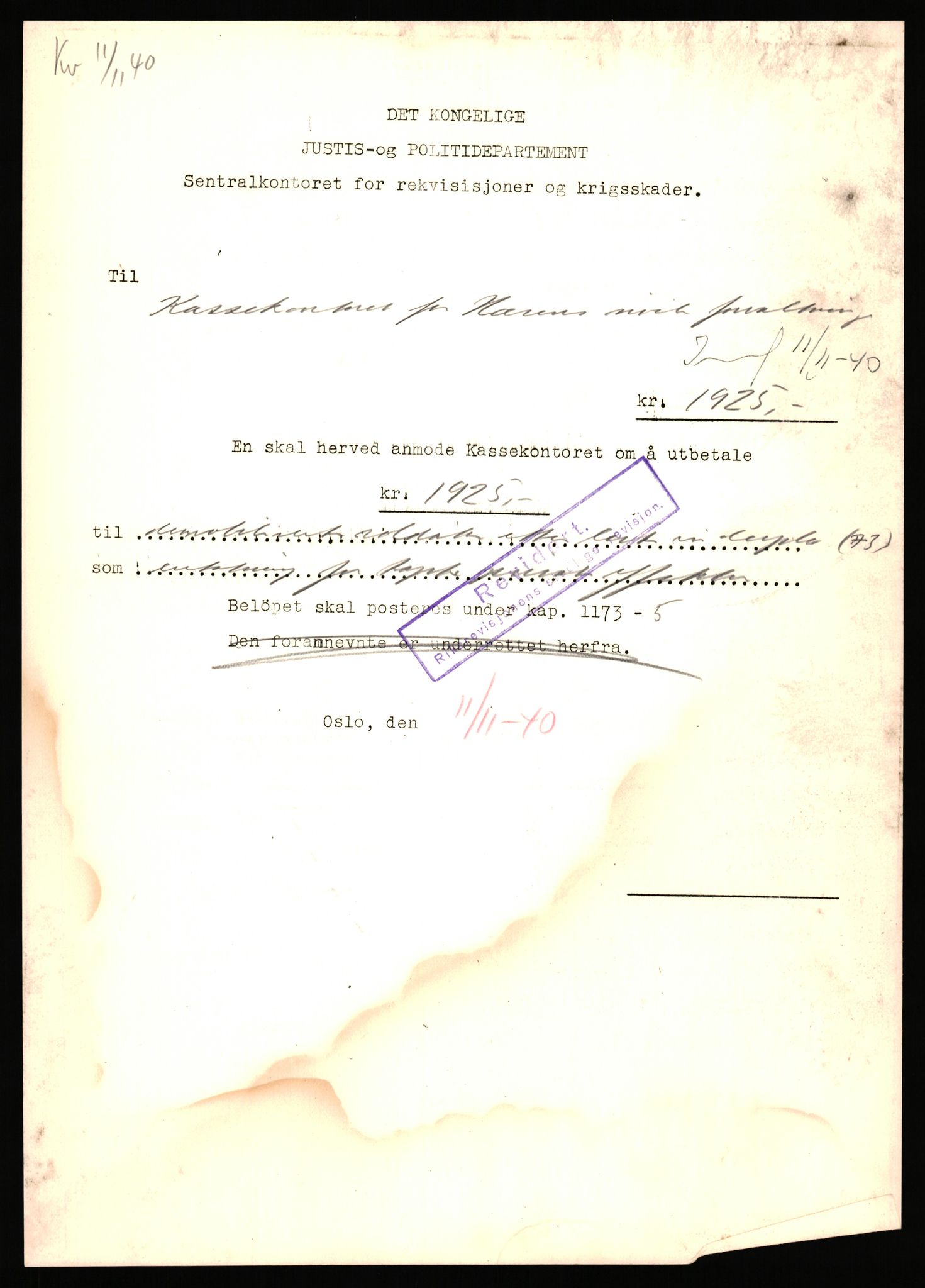 Justisdepartementet, Oppgjørsavdelingen, AV/RA-S-1056/G/Ga/L0012/0001: -- / Anvisningslister for utbetalinger i effektsaker, 1940-1942, p. 657