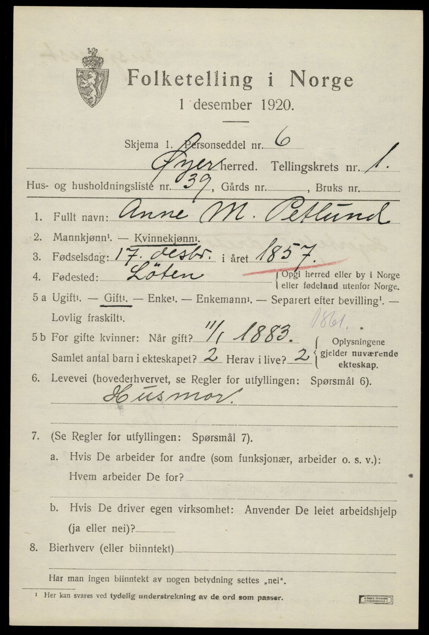 SAH, 1920 census for Øyer, 1920, p. 1649