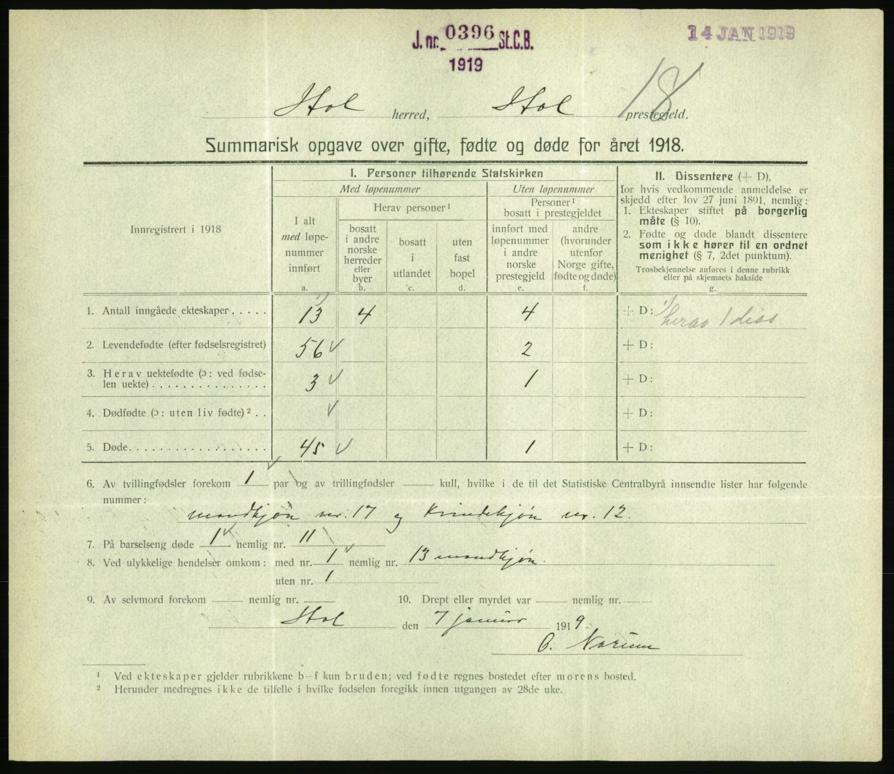 Statistisk sentralbyrå, Sosiodemografiske emner, Befolkning, RA/S-2228/D/Df/Dfb/Dfbh/L0059: Summariske oppgaver over gifte, fødte og døde for hele landet., 1918, p. 425