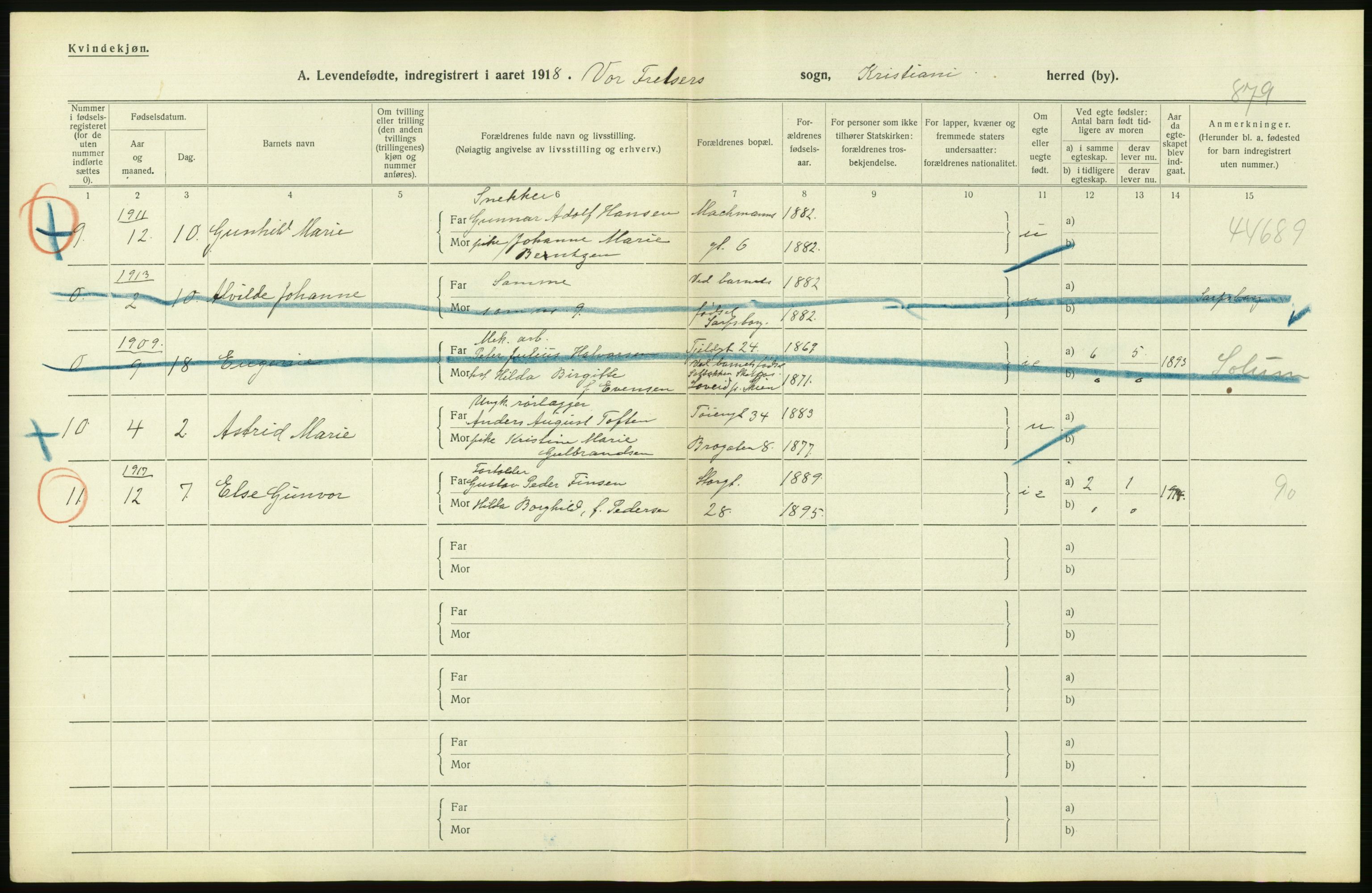 Statistisk sentralbyrå, Sosiodemografiske emner, Befolkning, AV/RA-S-2228/D/Df/Dfb/Dfbh/L0008: Kristiania: Levendefødte menn og kvinner., 1918, p. 12