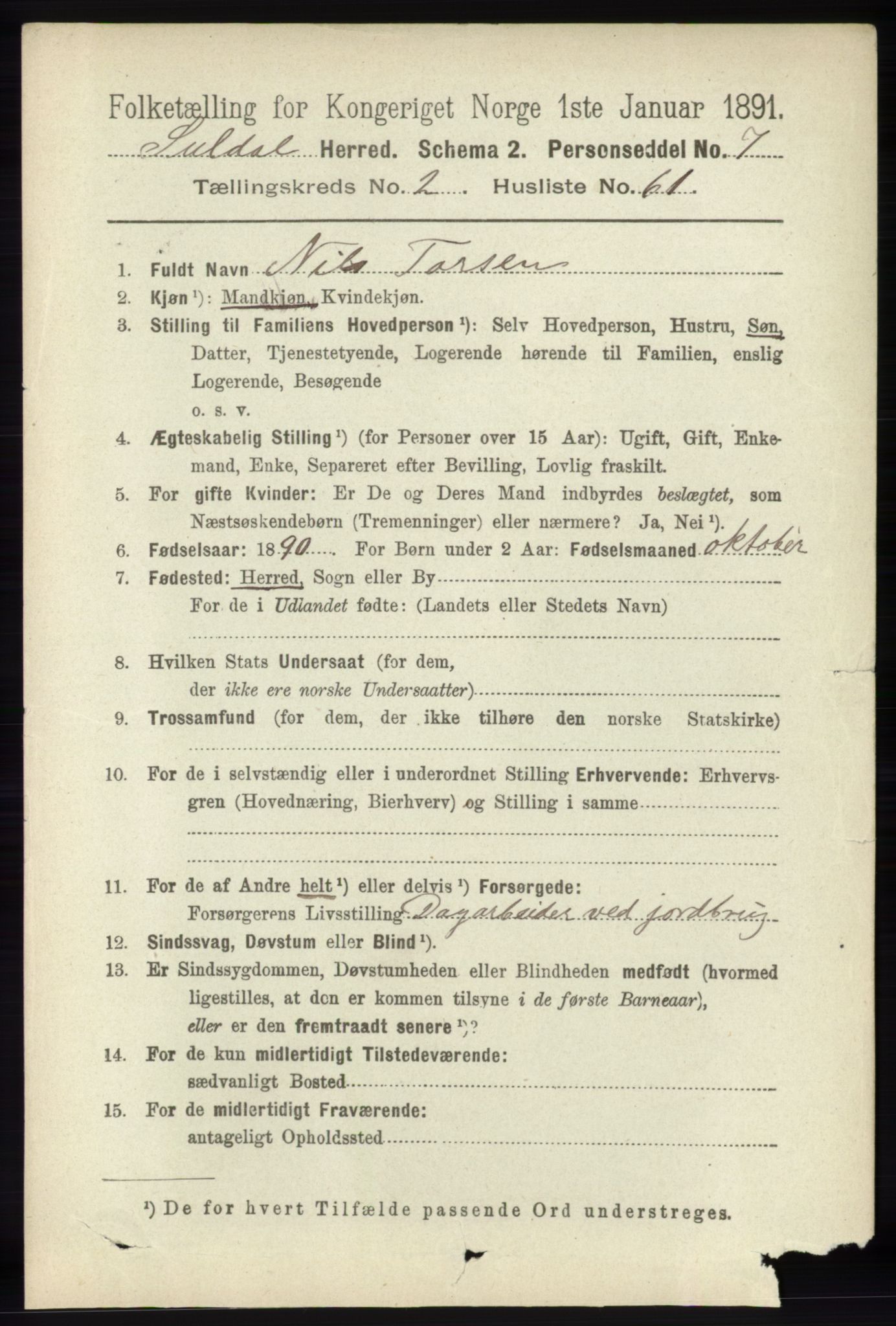 RA, 1891 census for 1134 Suldal, 1891, p. 581