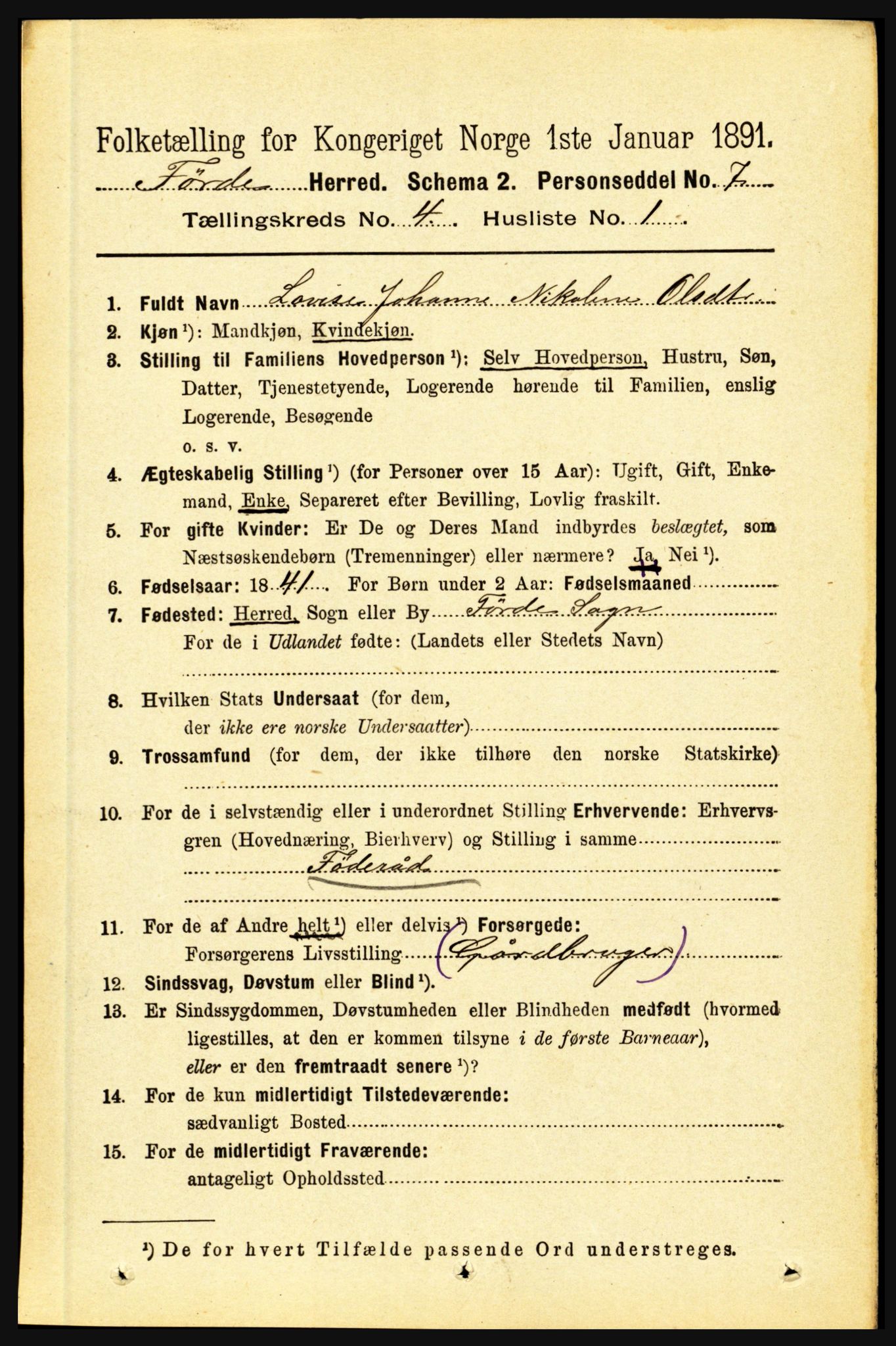 RA, 1891 census for 1432 Førde, 1891, p. 1058